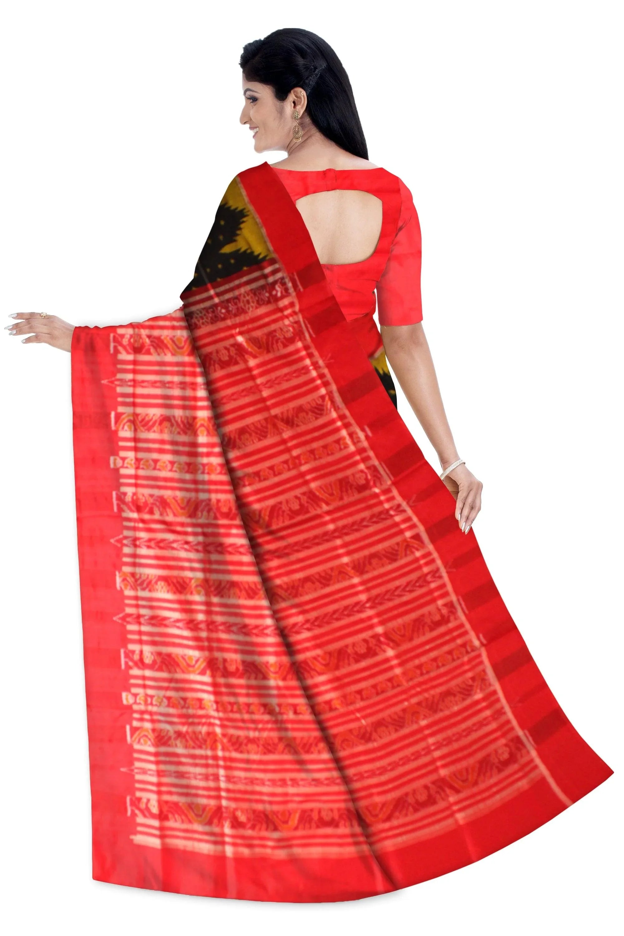 Original Silk Saree in Black color with Yellow dots in Body and Border Yellow and Maroon with blouse piece. - Koshali Arts & Crafts Enterprise