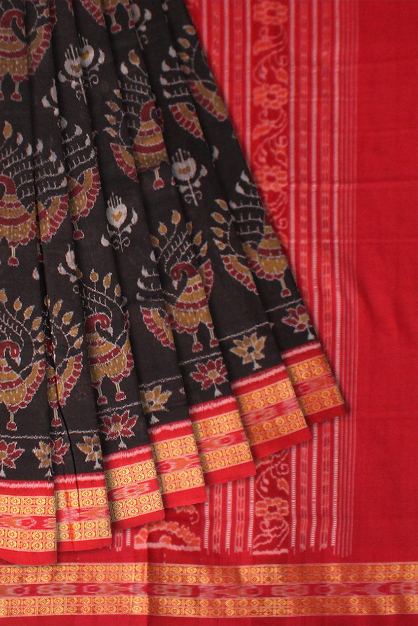 Sambalpuri Cotton Saree in Coffee color in Peacock design. - Koshali Arts & Crafts Enterprise