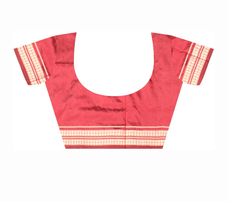 Sambalpuri Pata Saree in Green Color in plain design with Maroon Border with blouse piece. - Koshali Arts & Crafts Enterprise