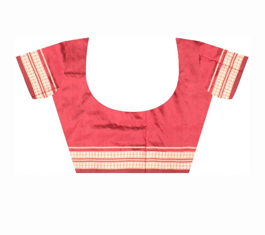 Sambalpuri Pata Saree in Green Color in plain design with Maroon Border with blouse piece. - Koshali Arts & Crafts Enterprise