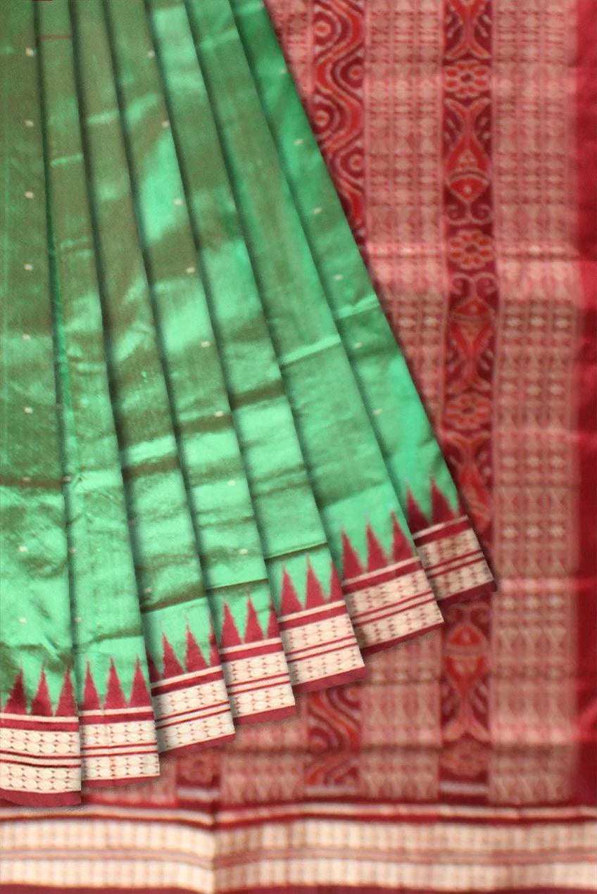 Sambalpuri Pata Saree in Green Color in plain design with Maroon Border with blouse piece. - Koshali Arts & Crafts Enterprise
