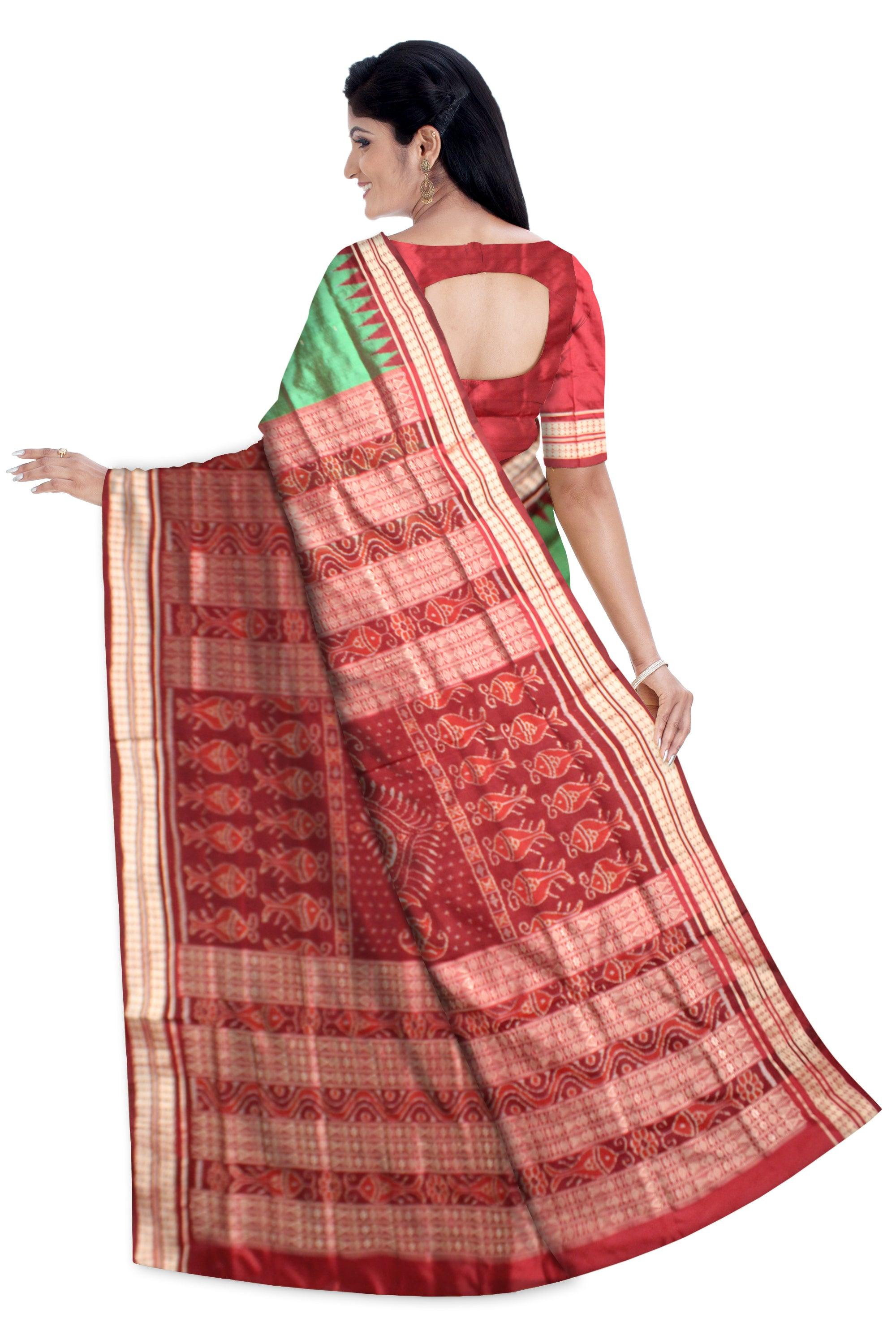 Sambalpuri Pata Saree in Green Color in plain design with Maroon Border with blouse piece. - Koshali Arts & Crafts Enterprise
