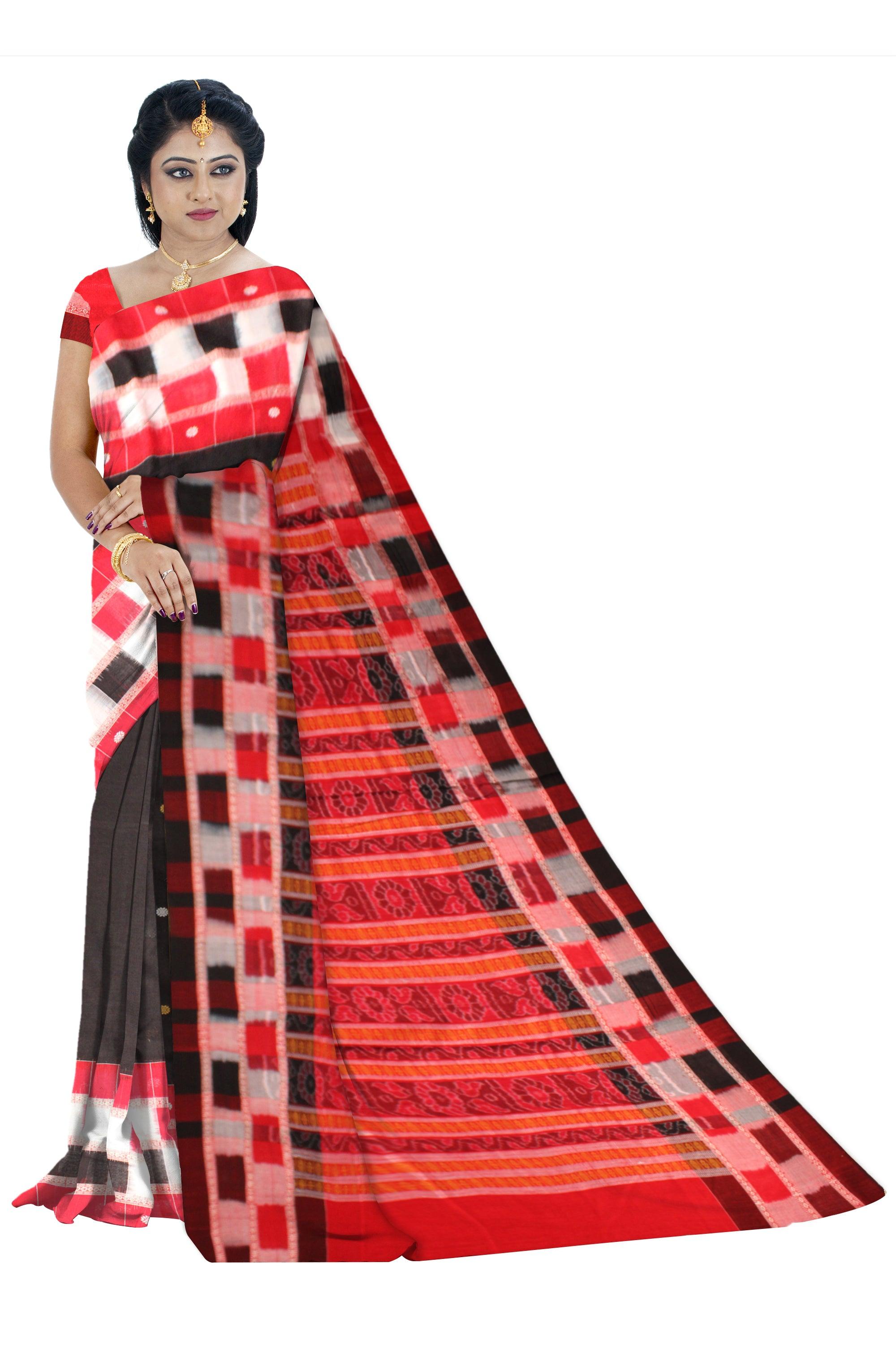 Sambalpuri Saree in Black color body and Red and White Pasapali Border with blouse piece. - Koshali Arts & Crafts Enterprise