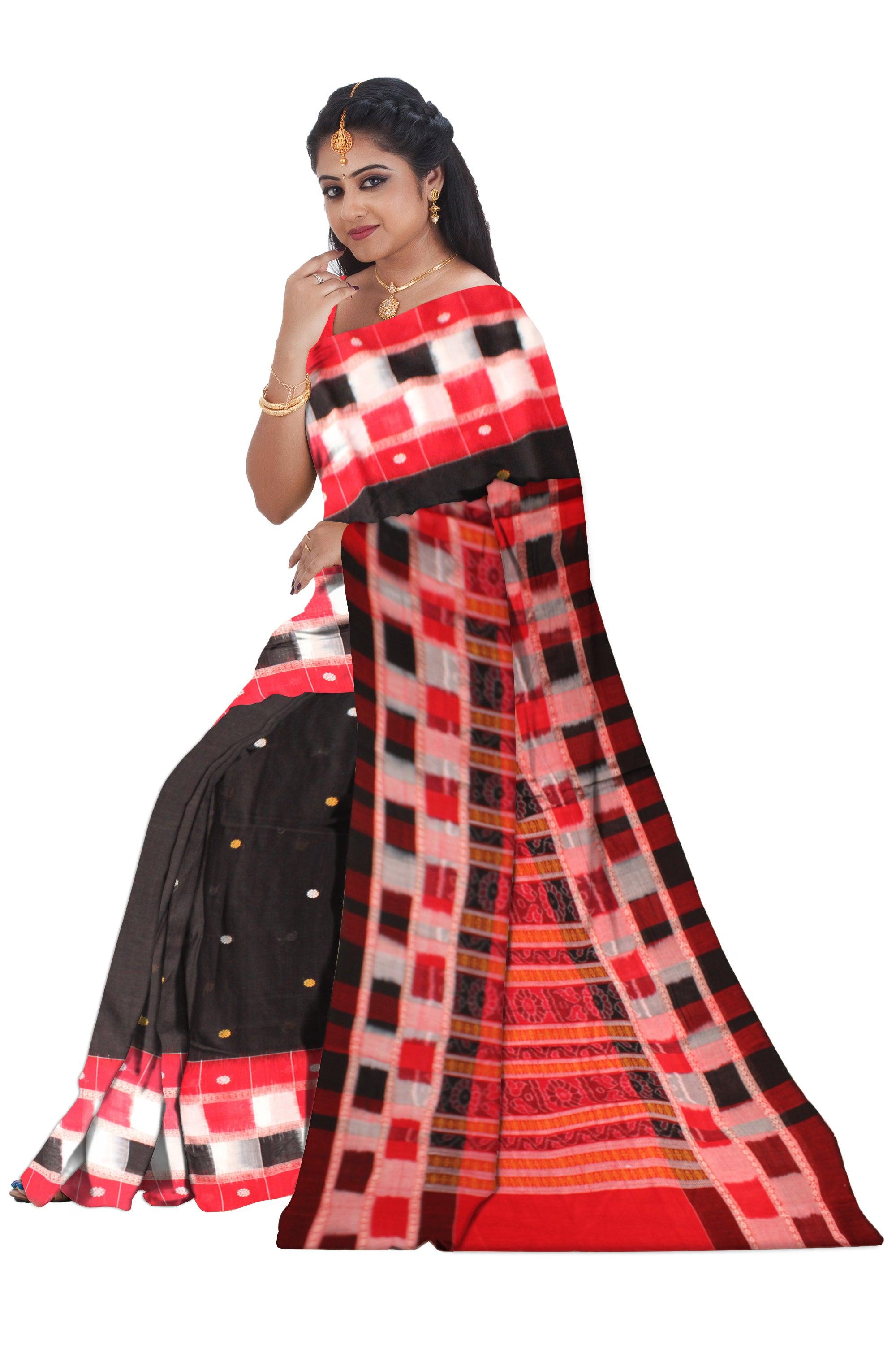 Sambalpuri Saree in Black color body and Red and White Pasapali Border with blouse piece. - Koshali Arts & Crafts Enterprise