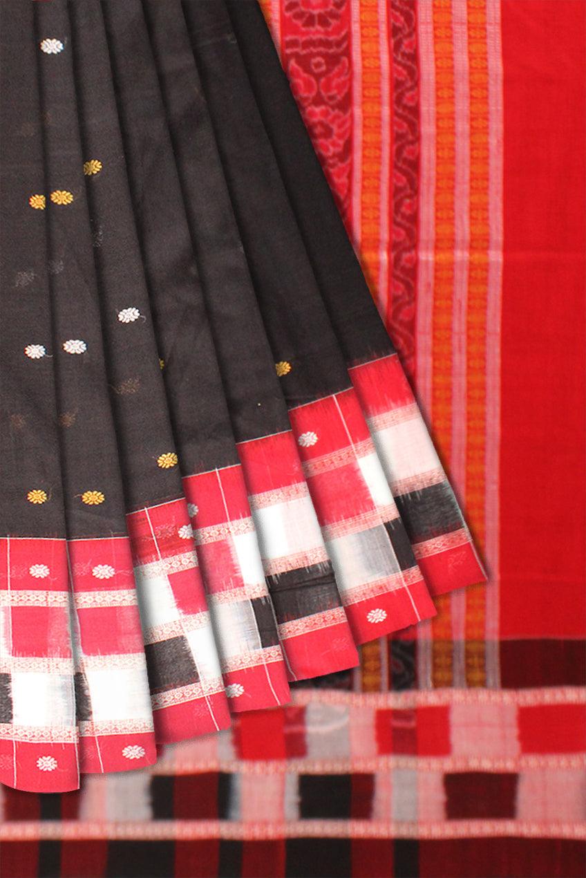 Sambalpuri Saree in Black color body and Red and White Pasapali Border with blouse piece. - Koshali Arts & Crafts Enterprise