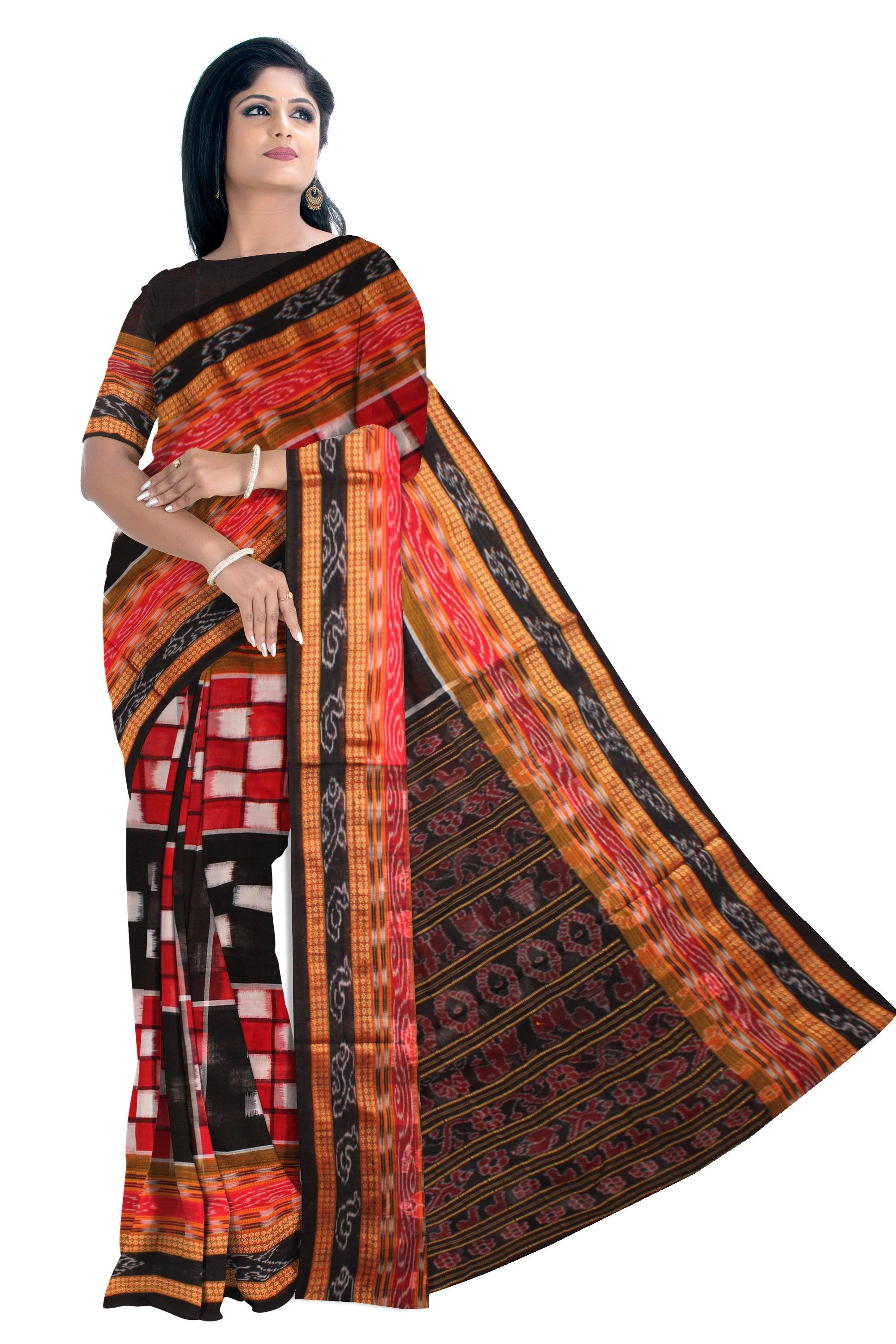 PasaPali design Black and Red colour Sambalpuri  cotton saree without blouse piece. - Koshali Arts & Crafts Enterprise