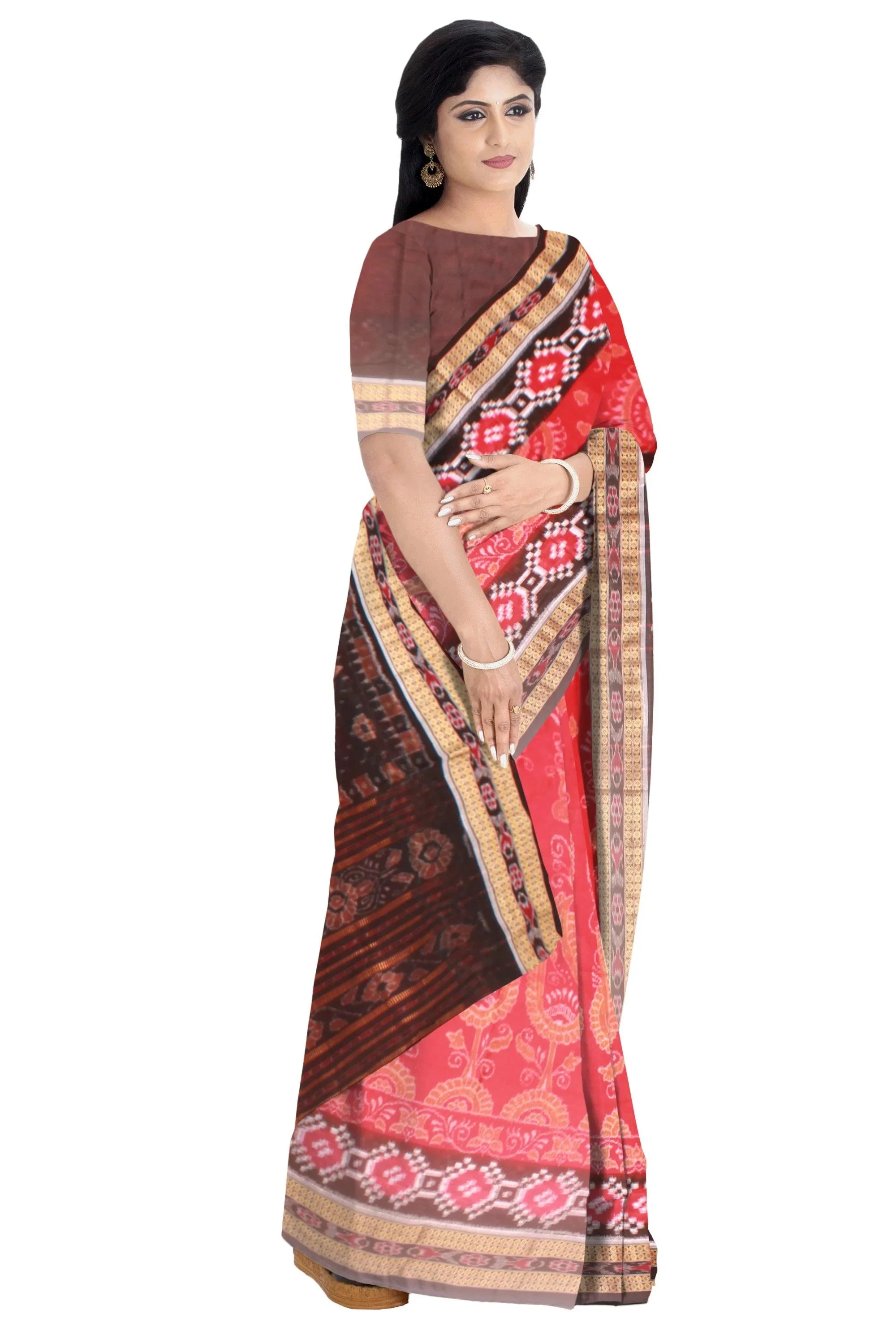 A Samblpuri cotton saree in Red and Black colour border with blouse piece. - Koshali Arts & Crafts Enterprise
