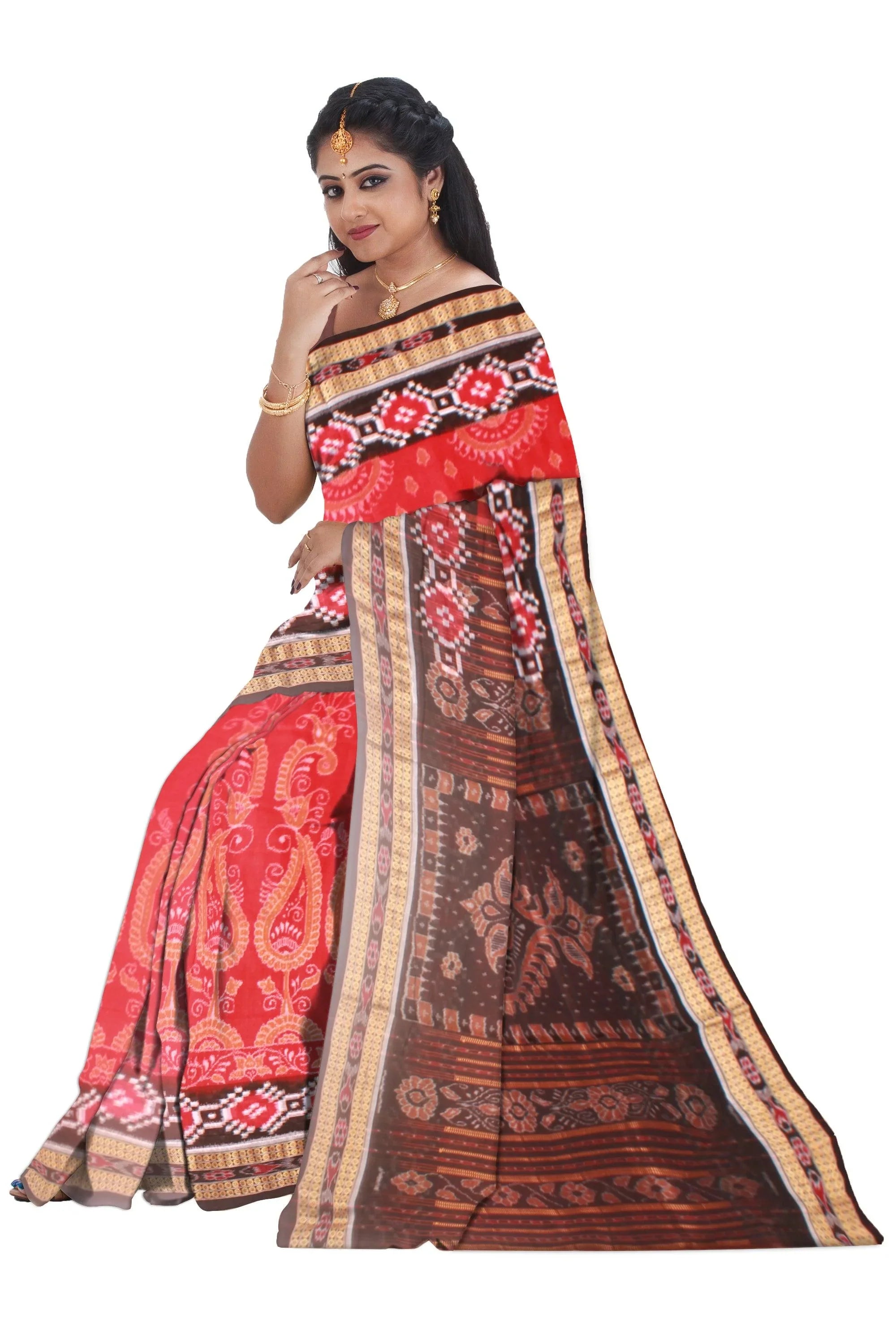 A Samblpuri cotton saree in Red and Black colour border with blouse piece. - Koshali Arts & Crafts Enterprise