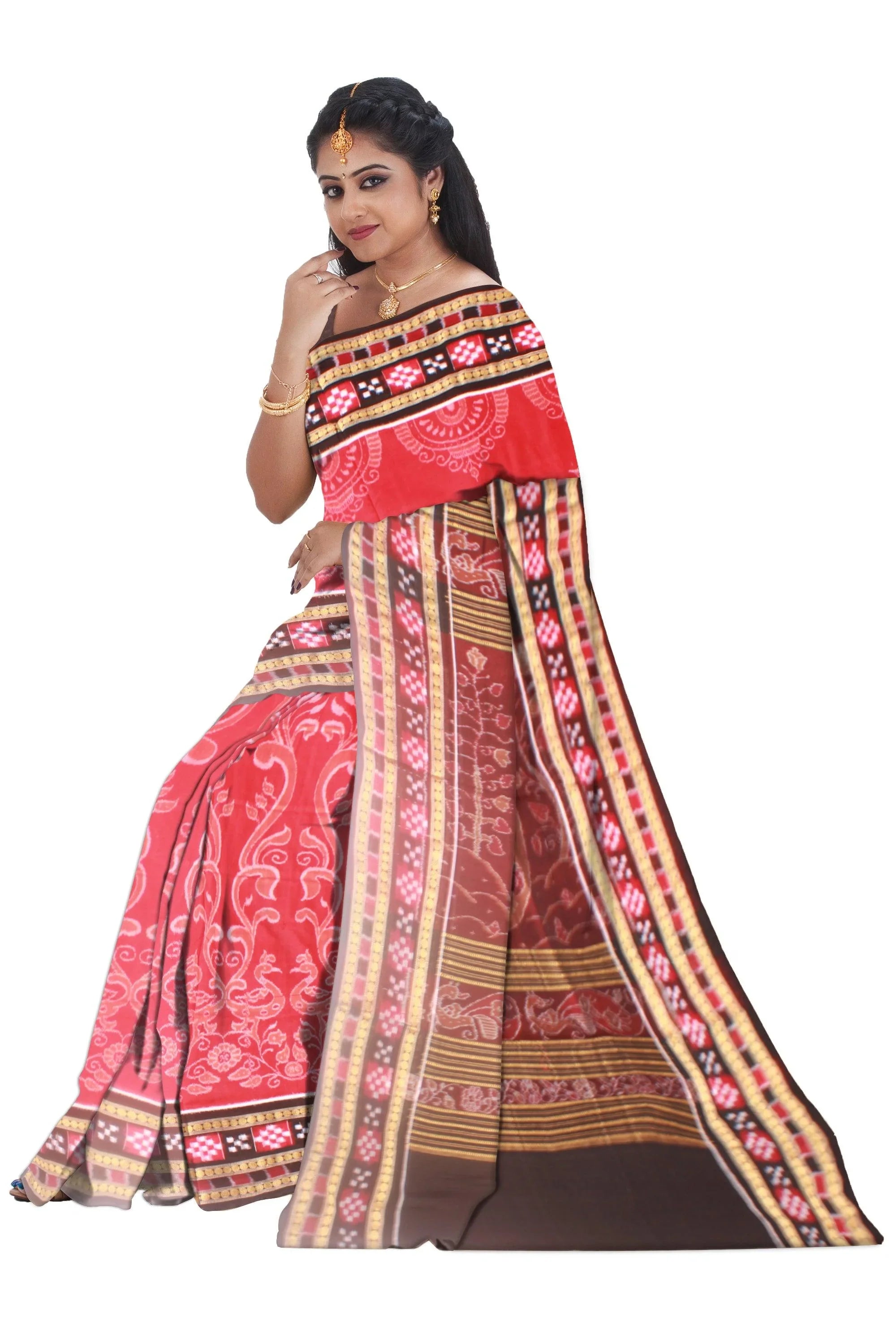 A Samblpuri cotton saree in Red and Black colour border with blouse piece. - Koshali Arts & Crafts Enterprise