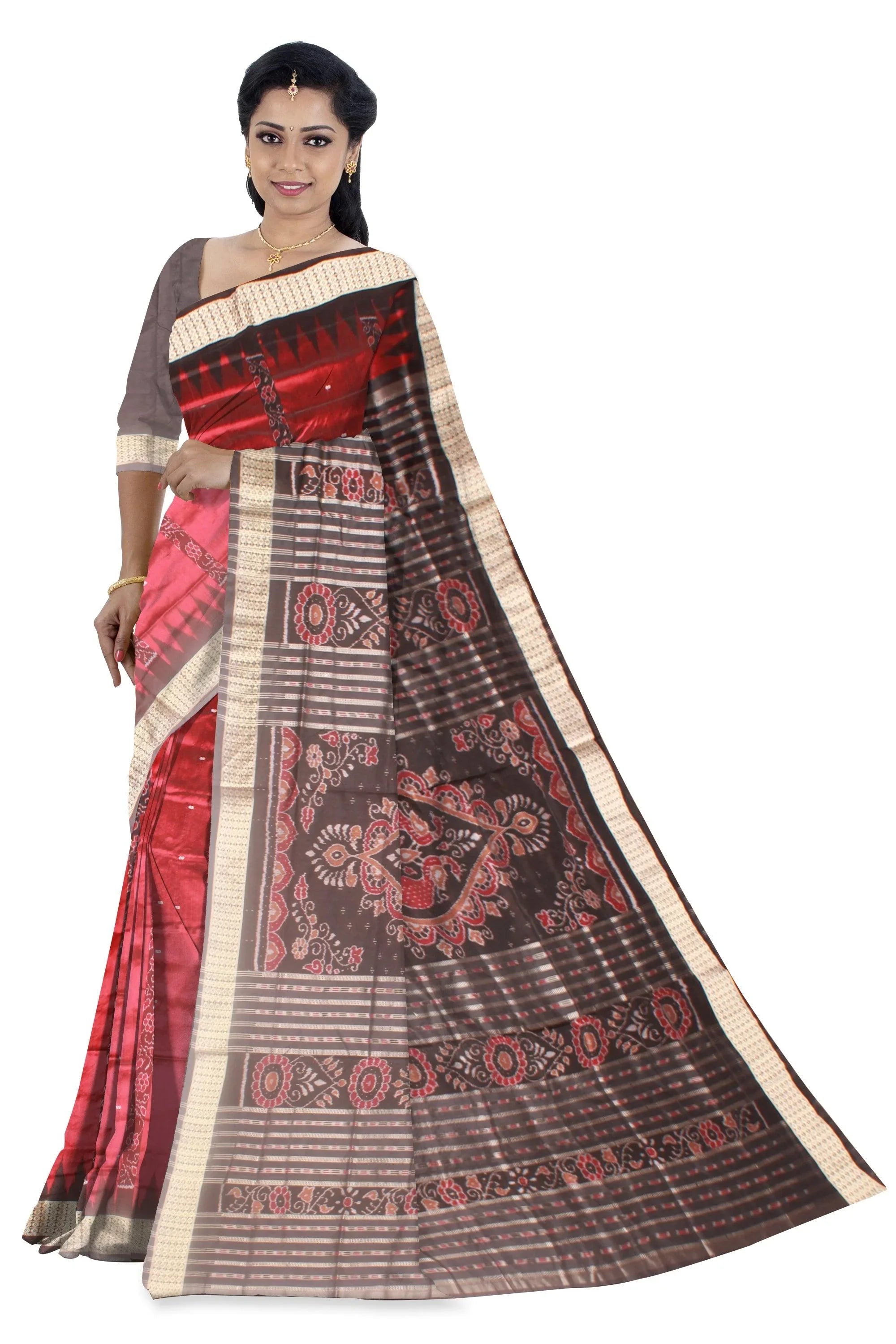 Sambalpuri Pata Saree in Maroon and Black Color with plain booty design with blouse piece. - Koshali Arts & Crafts Enterprise