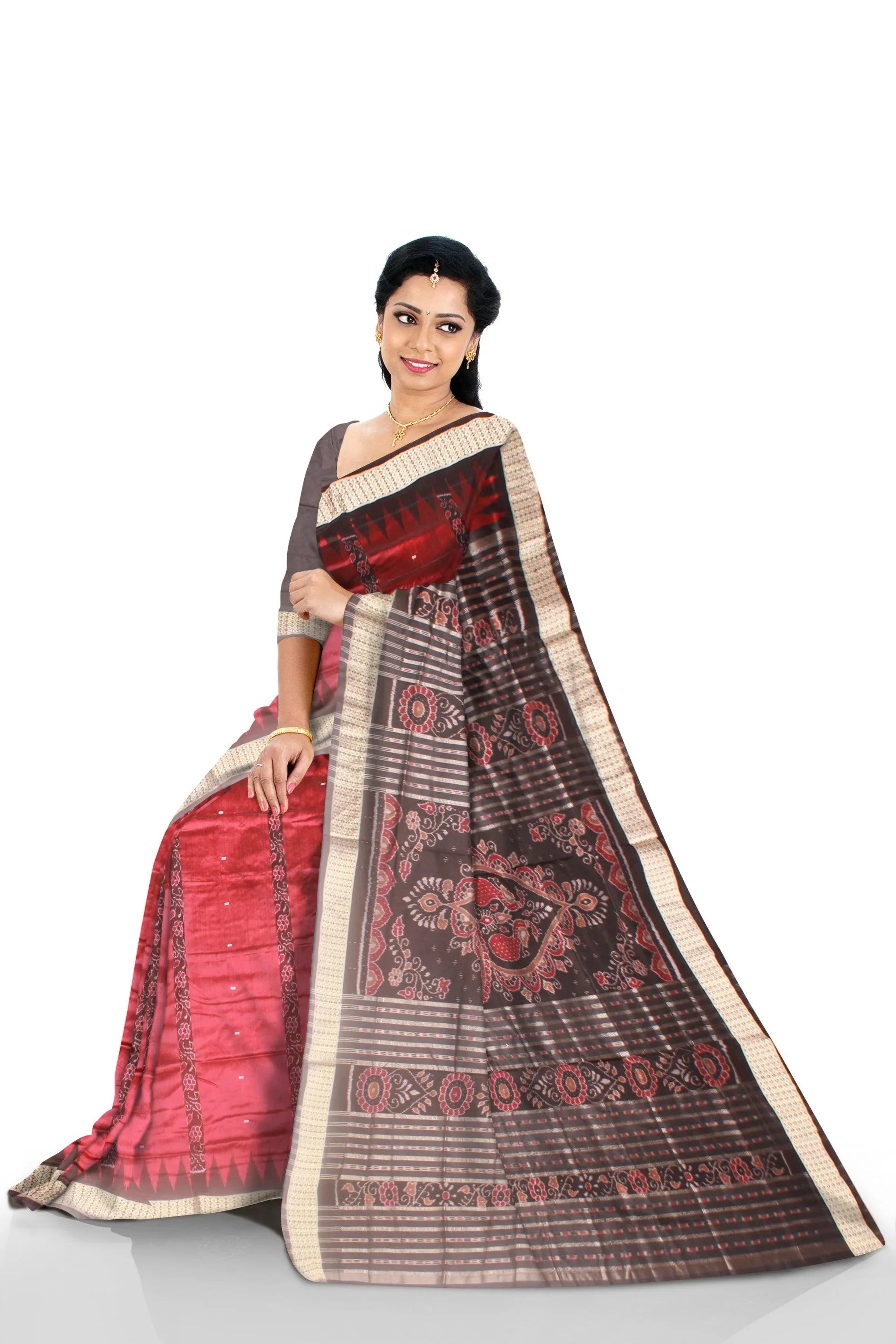 Sambalpuri Pata Saree in Maroon and Black Color with plain booty design with blouse piece. - Koshali Arts & Crafts Enterprise