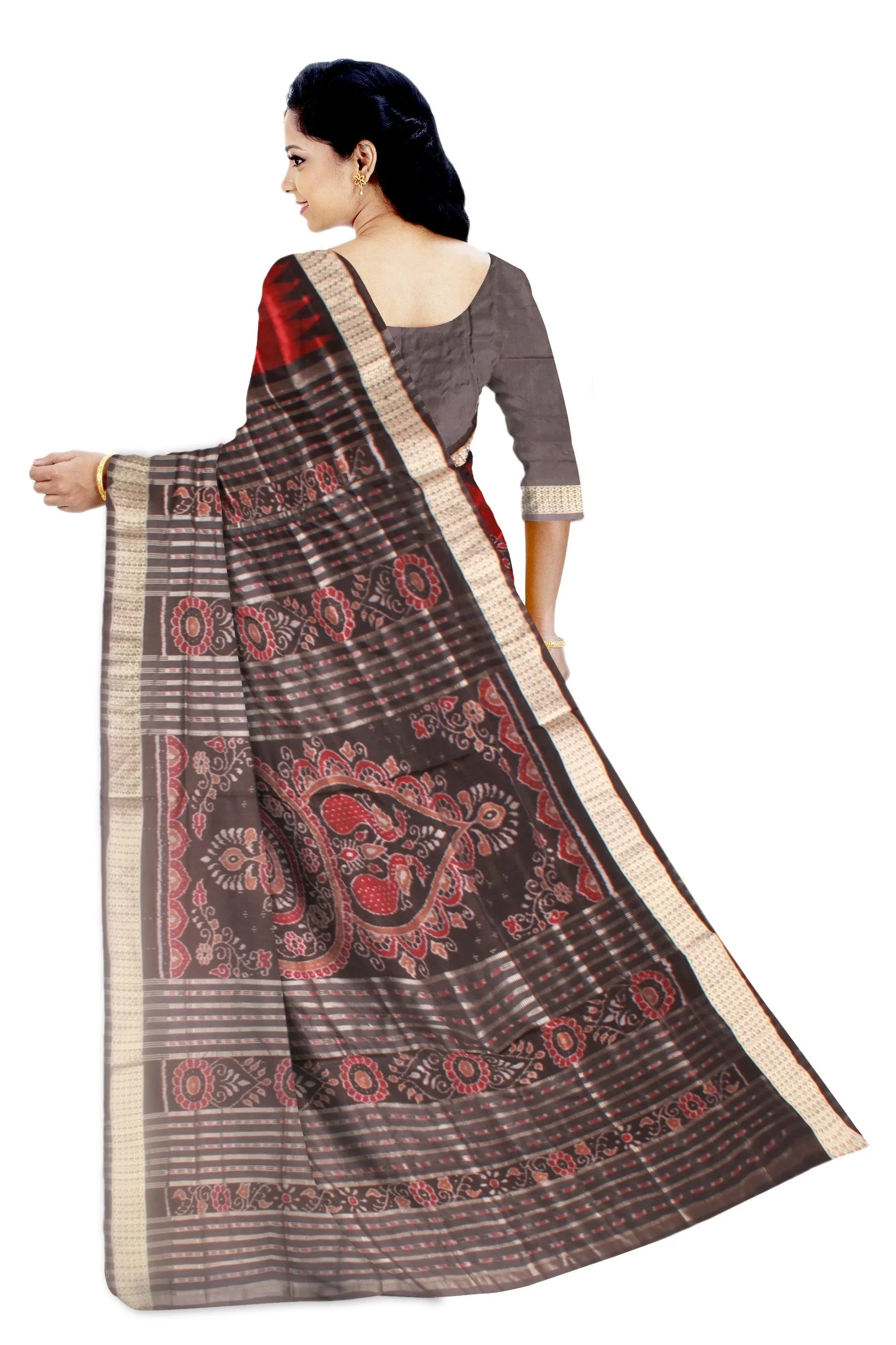 Sambalpuri Pata Saree in Maroon and Black Color with plain booty design with blouse piece. - Koshali Arts & Crafts Enterprise