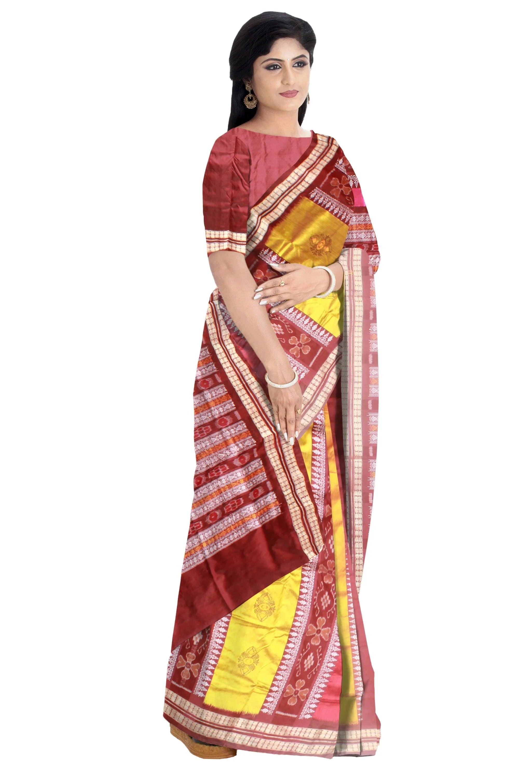 Latest Patli design Sambalpuri pata Saree in Maroon Yellow and Pink colour with blouse piece. - Koshali Arts & Crafts Enterprise