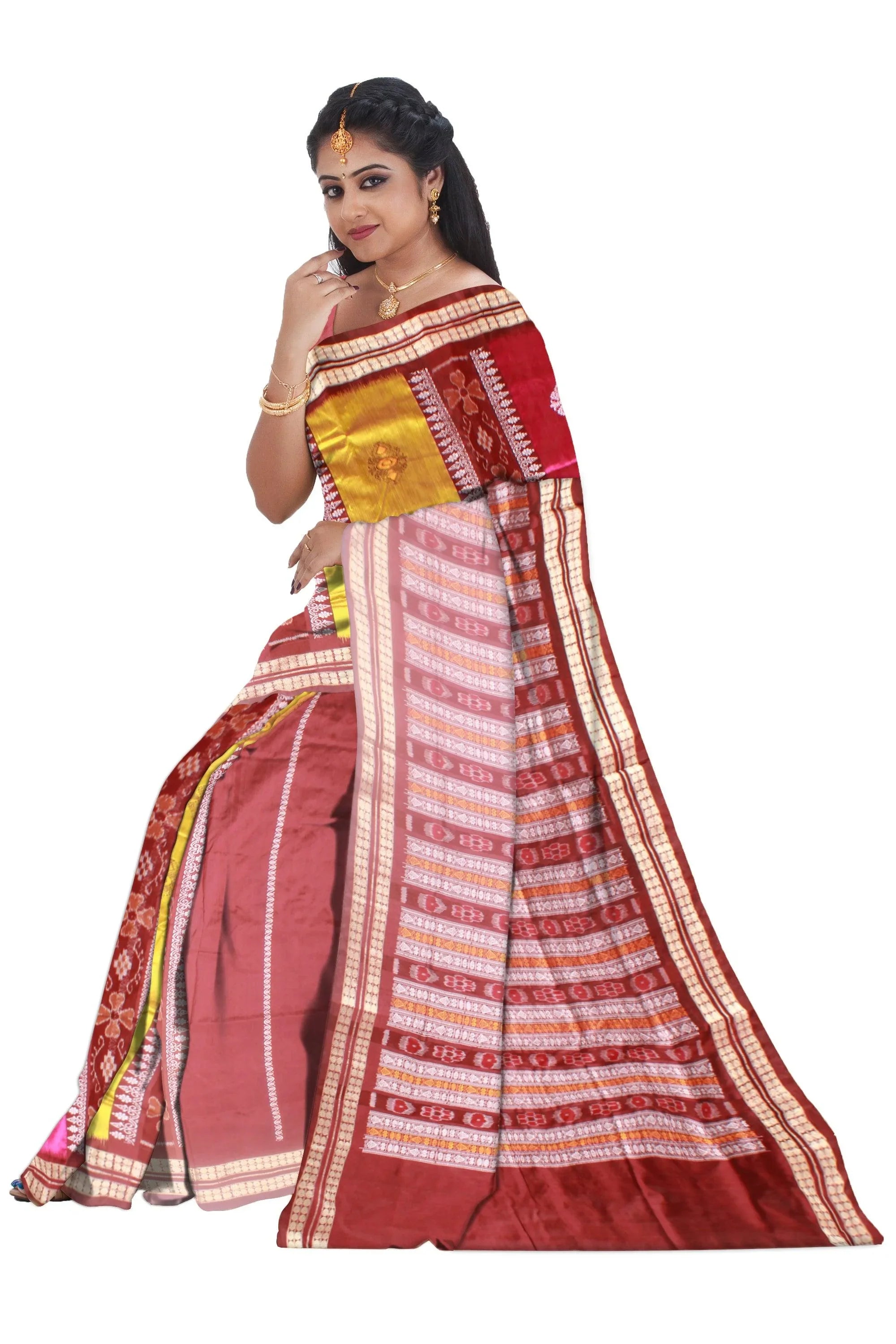 Latest Patli design Sambalpuri pata Saree in Maroon Yellow and Pink colour with blouse piece. - Koshali Arts & Crafts Enterprise