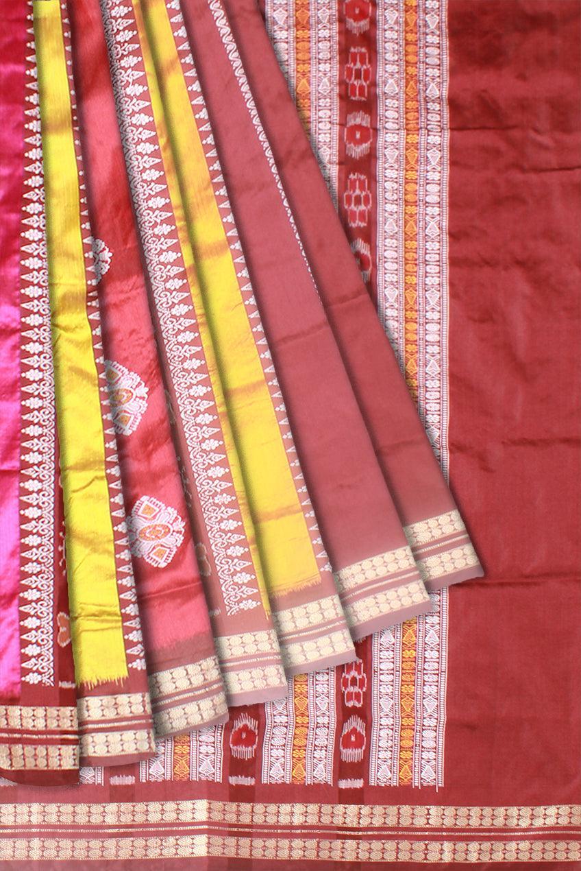 Latest Patli design Sambalpuri pata Saree in Maroon Yellow and Pink colour with blouse piece. - Koshali Arts & Crafts Enterprise