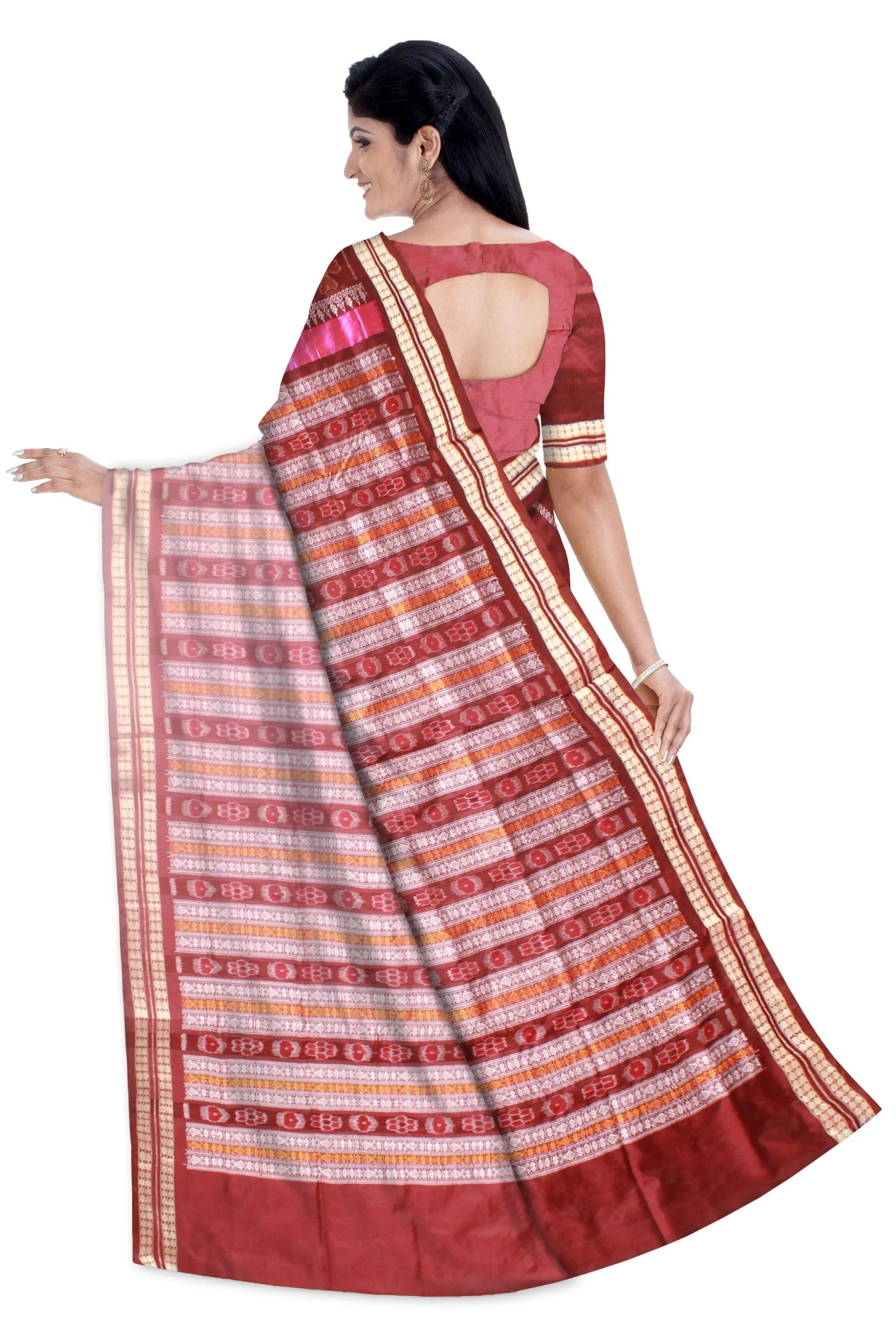 Latest Patli design Sambalpuri pata Saree in Maroon Yellow and Pink colour with blouse piece. - Koshali Arts & Crafts Enterprise