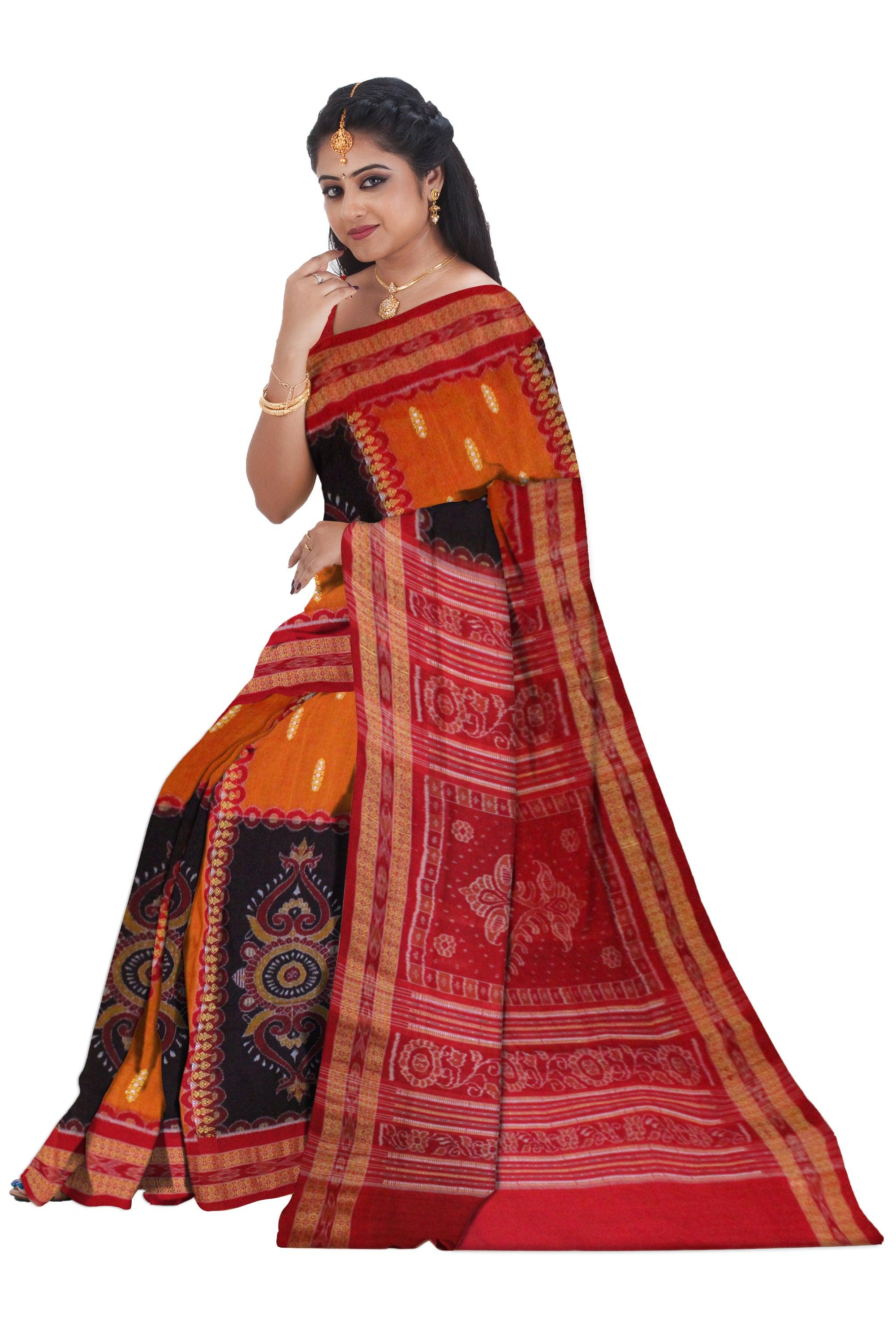 Latest Sambalpuri saree Bomkai Design in Orange and Black Colour - Koshali Arts & Crafts Enterprise