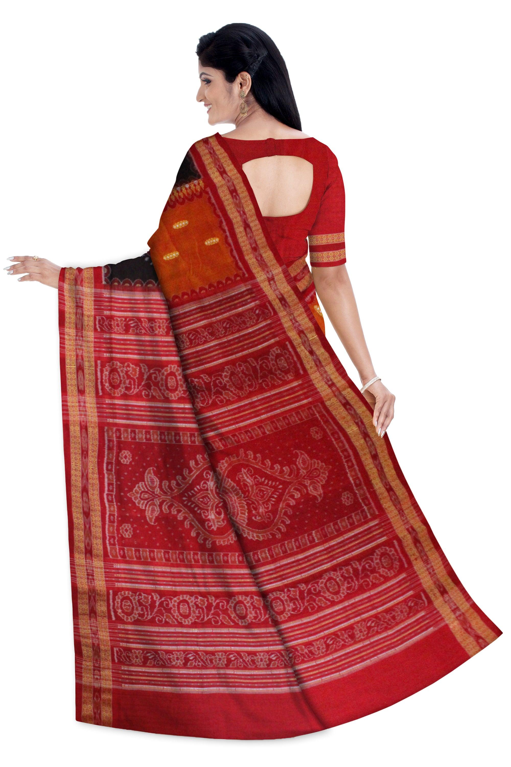 Latest Sambalpuri saree Bomkai Design in Orange and Black Colour - Koshali Arts & Crafts Enterprise