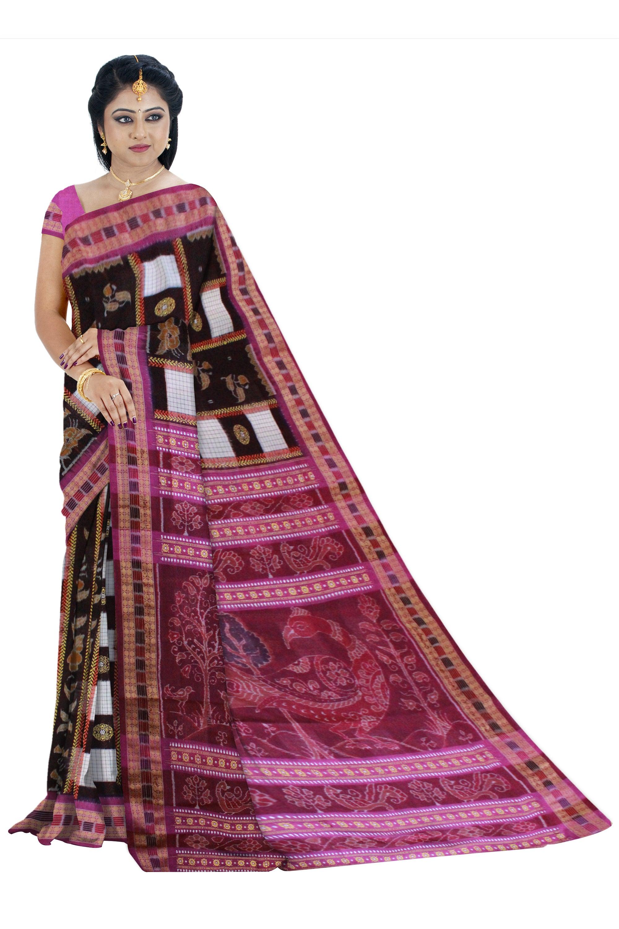 Box pattern Sambalpuri saree Bomkai Design in Coffee and White Colour - Koshali Arts & Crafts Enterprise