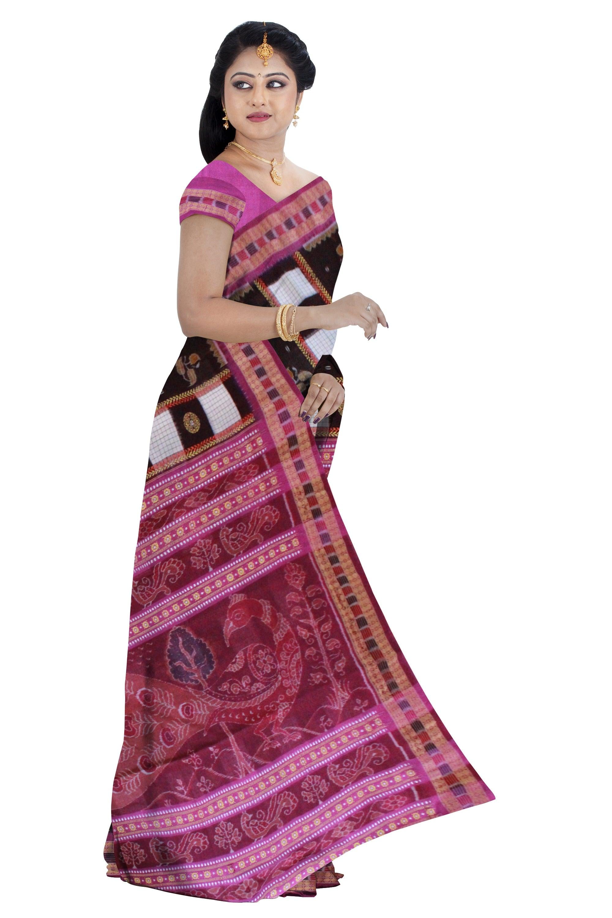 Box pattern Sambalpuri saree Bomkai Design in Coffee and White Colour - Koshali Arts & Crafts Enterprise