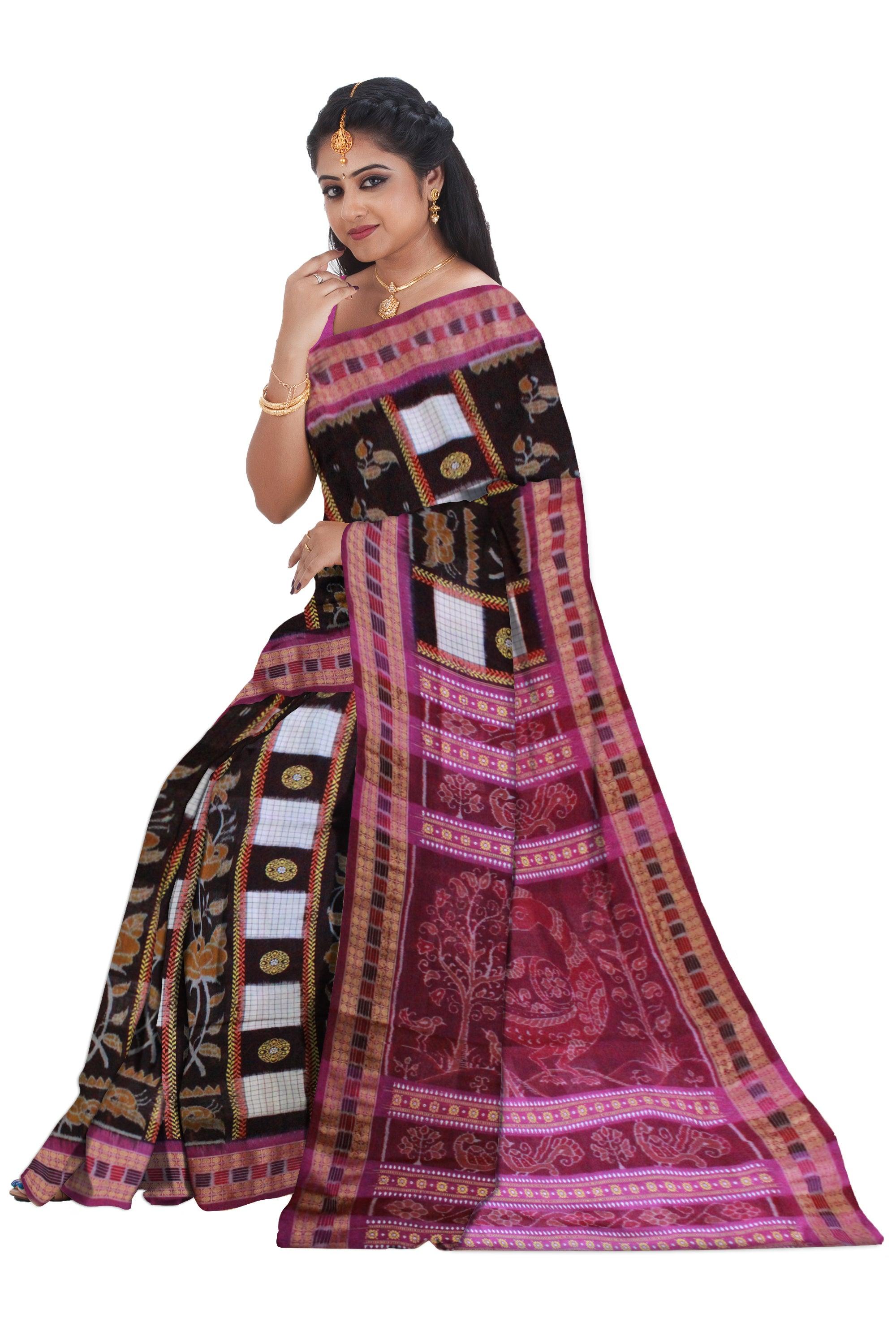 Box pattern Sambalpuri saree Bomkai Design in Coffee and White Colour - Koshali Arts & Crafts Enterprise