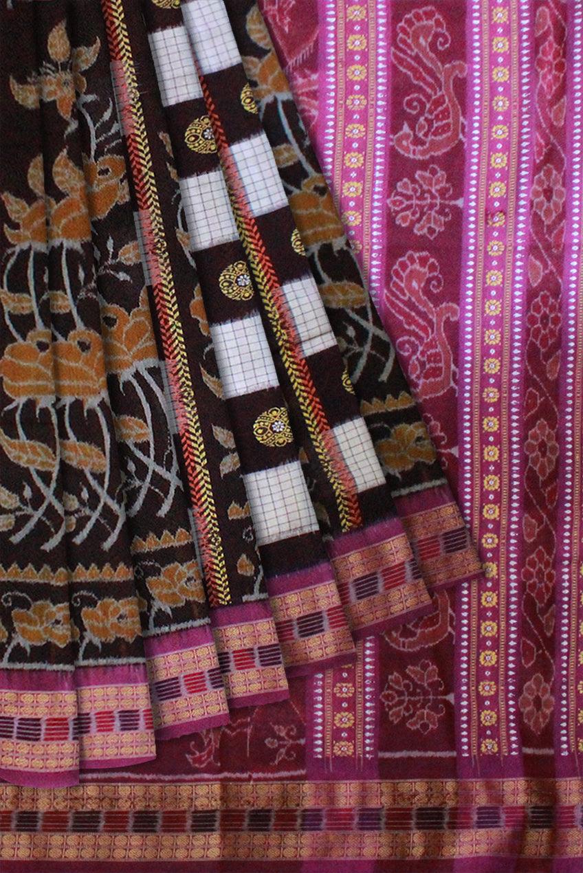 Box pattern Sambalpuri saree Bomkai Design in Coffee and White Colour - Koshali Arts & Crafts Enterprise