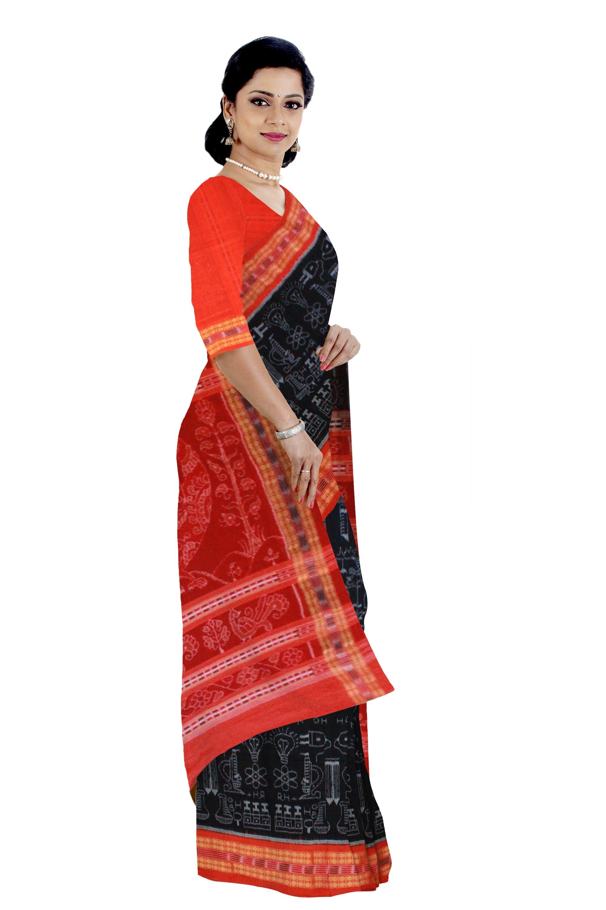 Biology design Sambalpuri Saree in Black colour - Koshali Arts & Crafts Enterprise