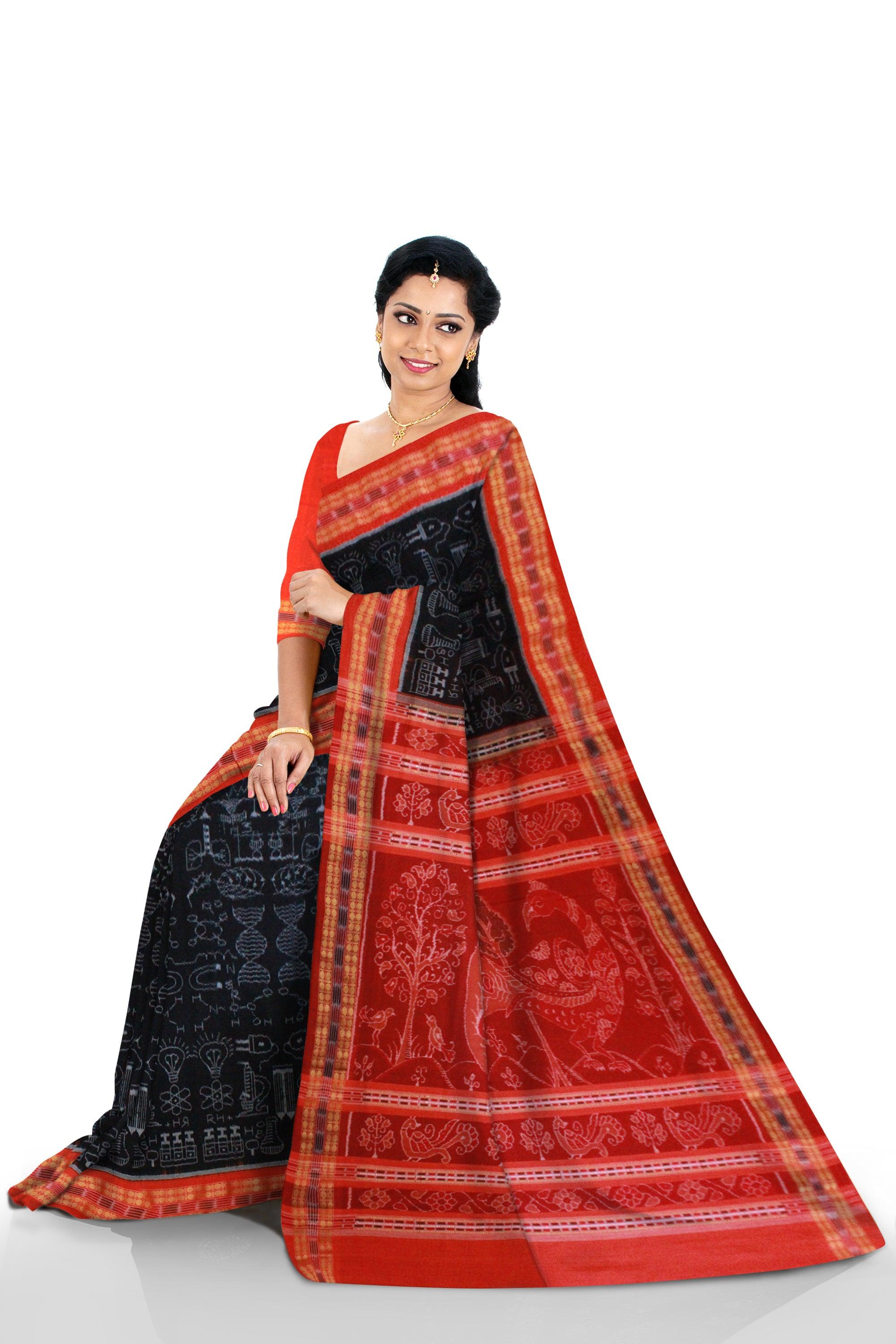 Biology design Sambalpuri Saree in Black colour - Koshali Arts & Crafts Enterprise