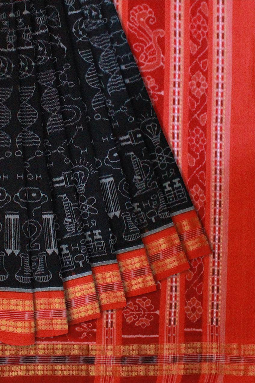 Biology design Sambalpuri Saree in Black colour - Koshali Arts & Crafts Enterprise