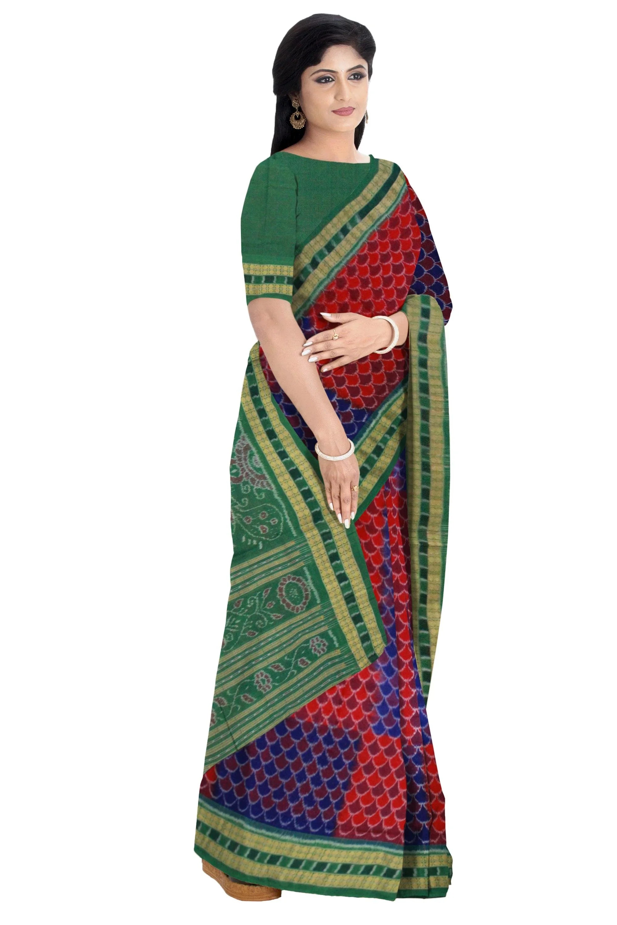Paper Bandha Sambalpuri saree Bomkai Design in Blue and Maroon Colour - Koshali Arts & Crafts Enterprise
