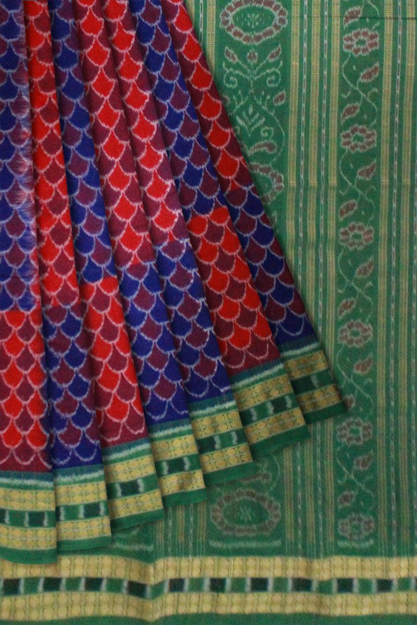 Paper Bandha Sambalpuri saree Bomkai Design in Blue and Maroon Colour - Koshali Arts & Crafts Enterprise