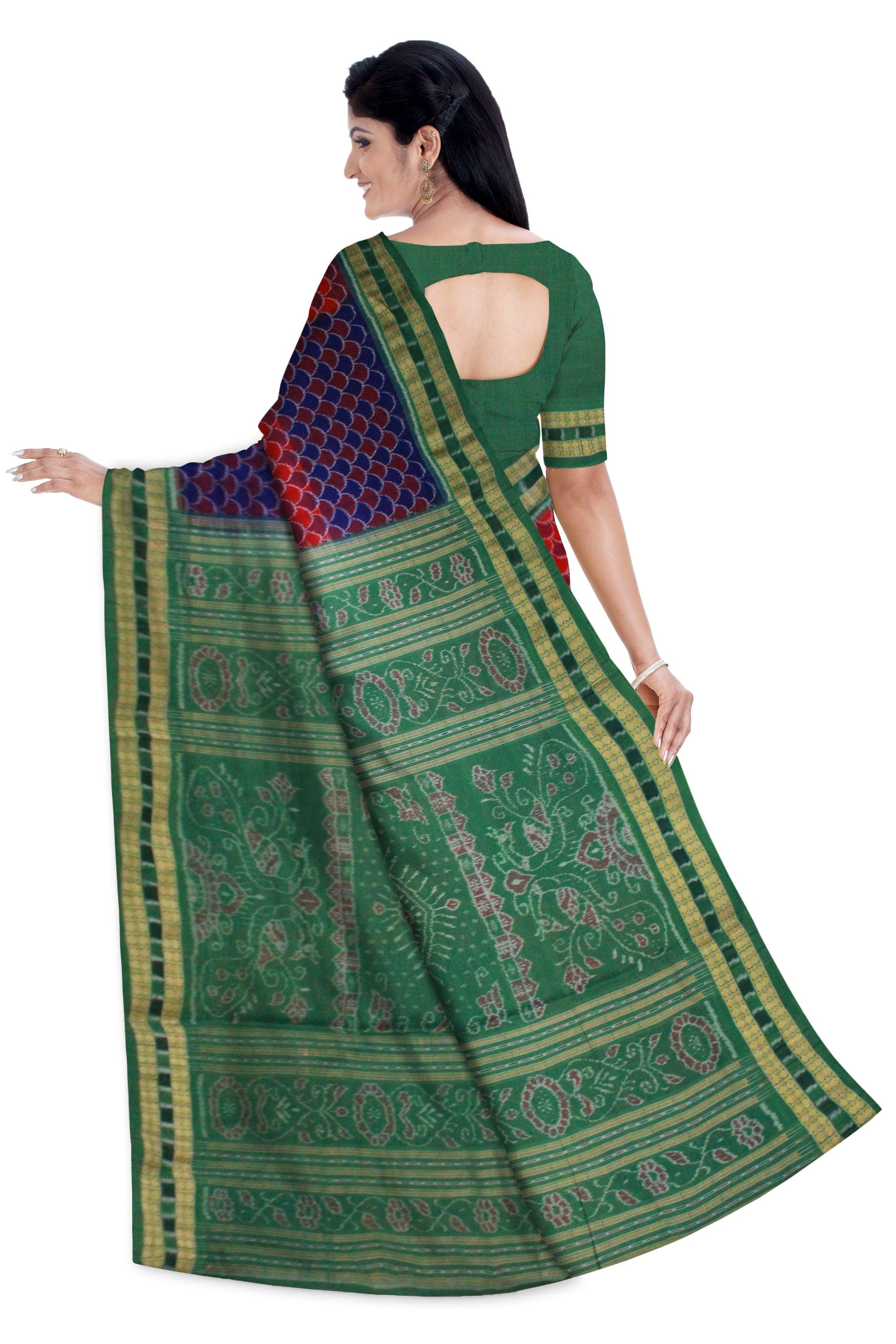 Paper Bandha Sambalpuri saree Bomkai Design in Blue and Maroon Colour - Koshali Arts & Crafts Enterprise