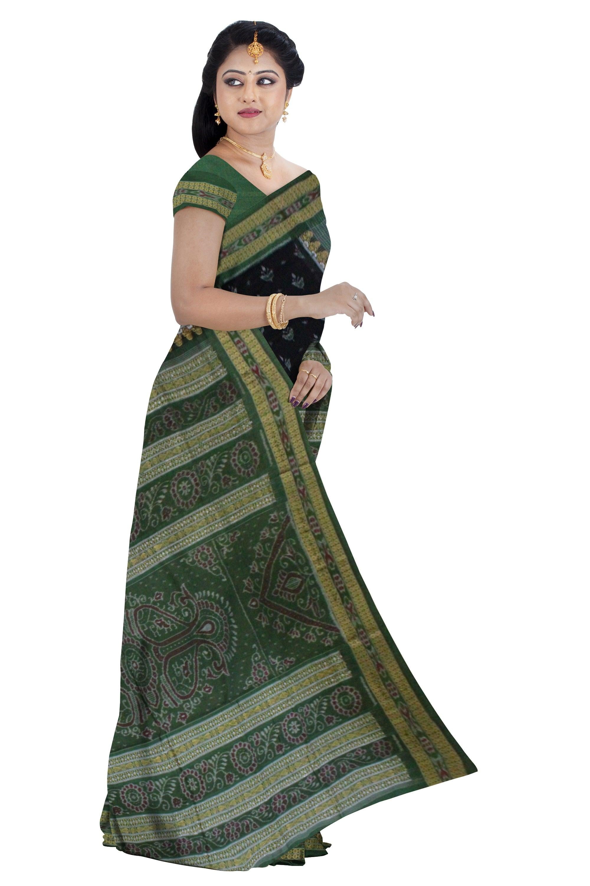 Paper Bandha Sambalpuri saree Bomkai Design in Green and Black Colour - Koshali Arts & Crafts Enterprise