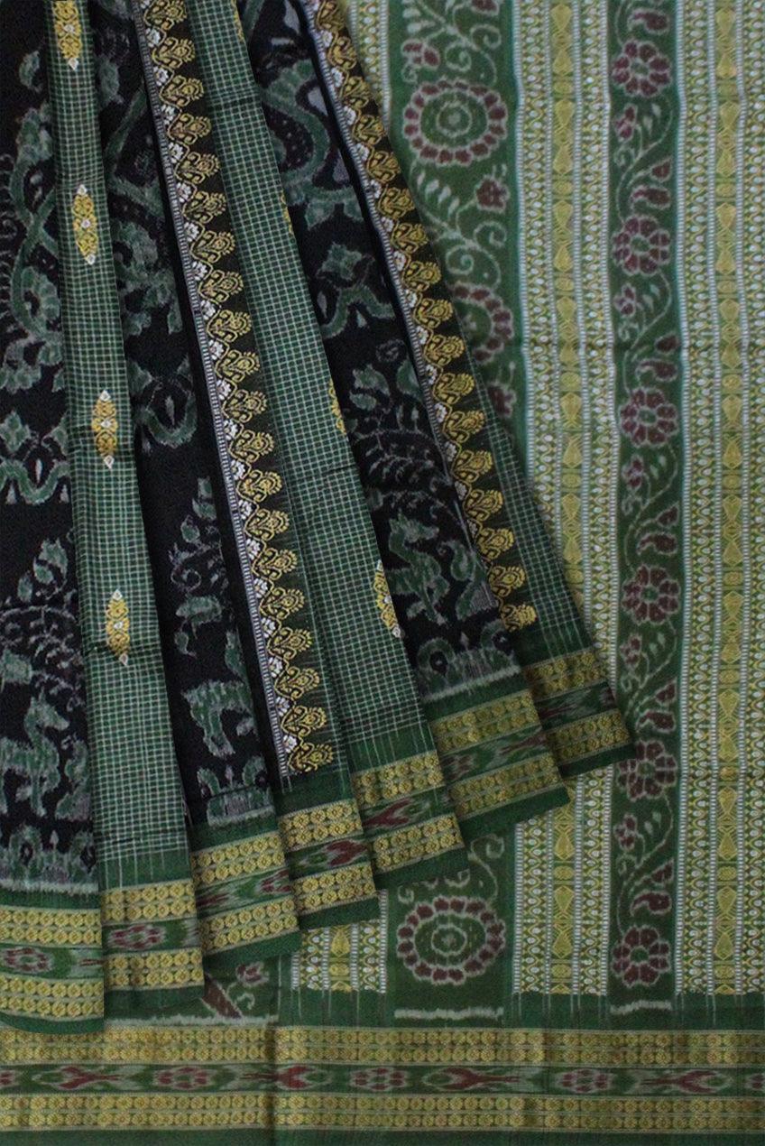 Paper Bandha Sambalpuri saree Bomkai Design in Green and Black Colour - Koshali Arts & Crafts Enterprise