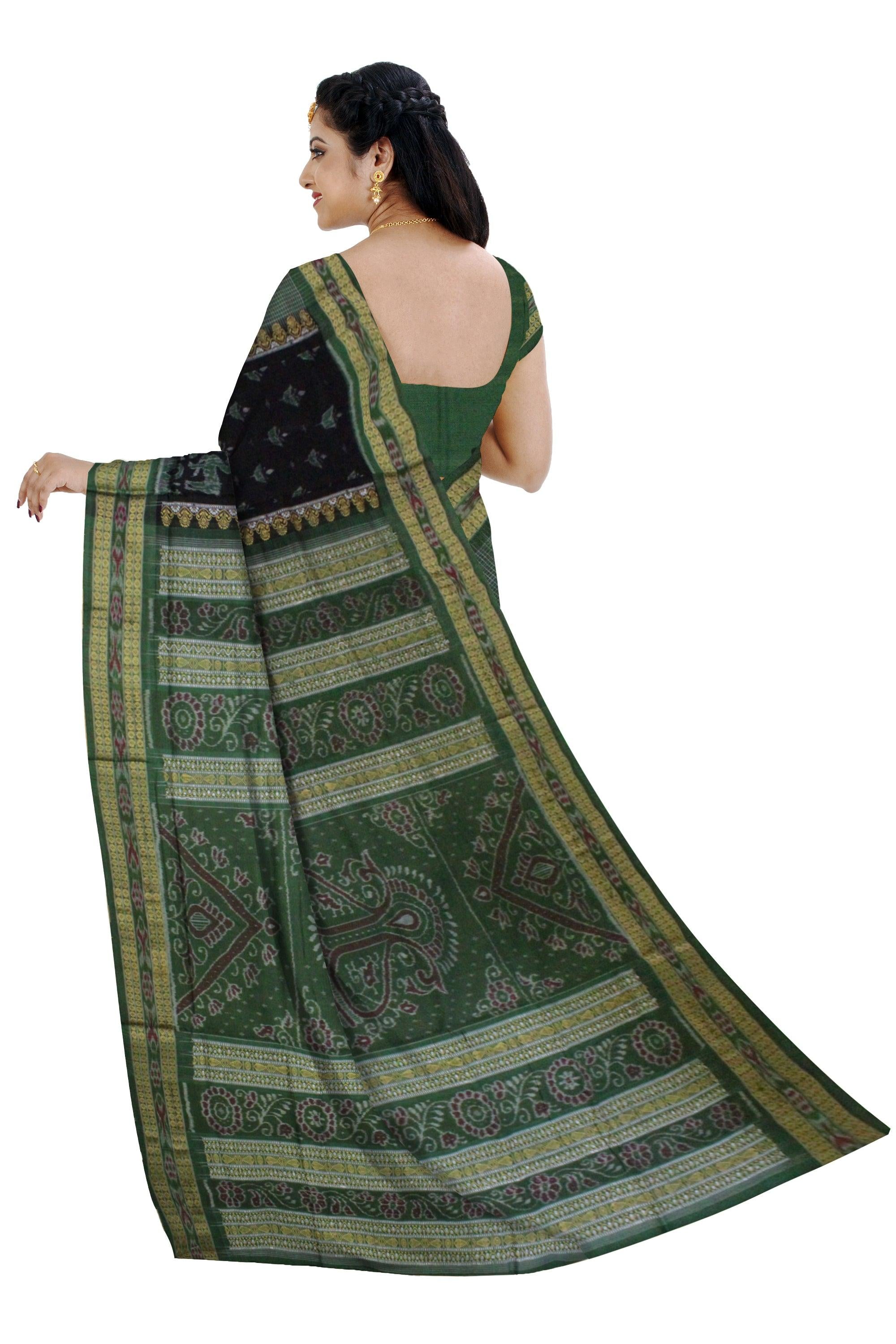 Paper Bandha Sambalpuri saree Bomkai Design in Green and Black Colour - Koshali Arts & Crafts Enterprise