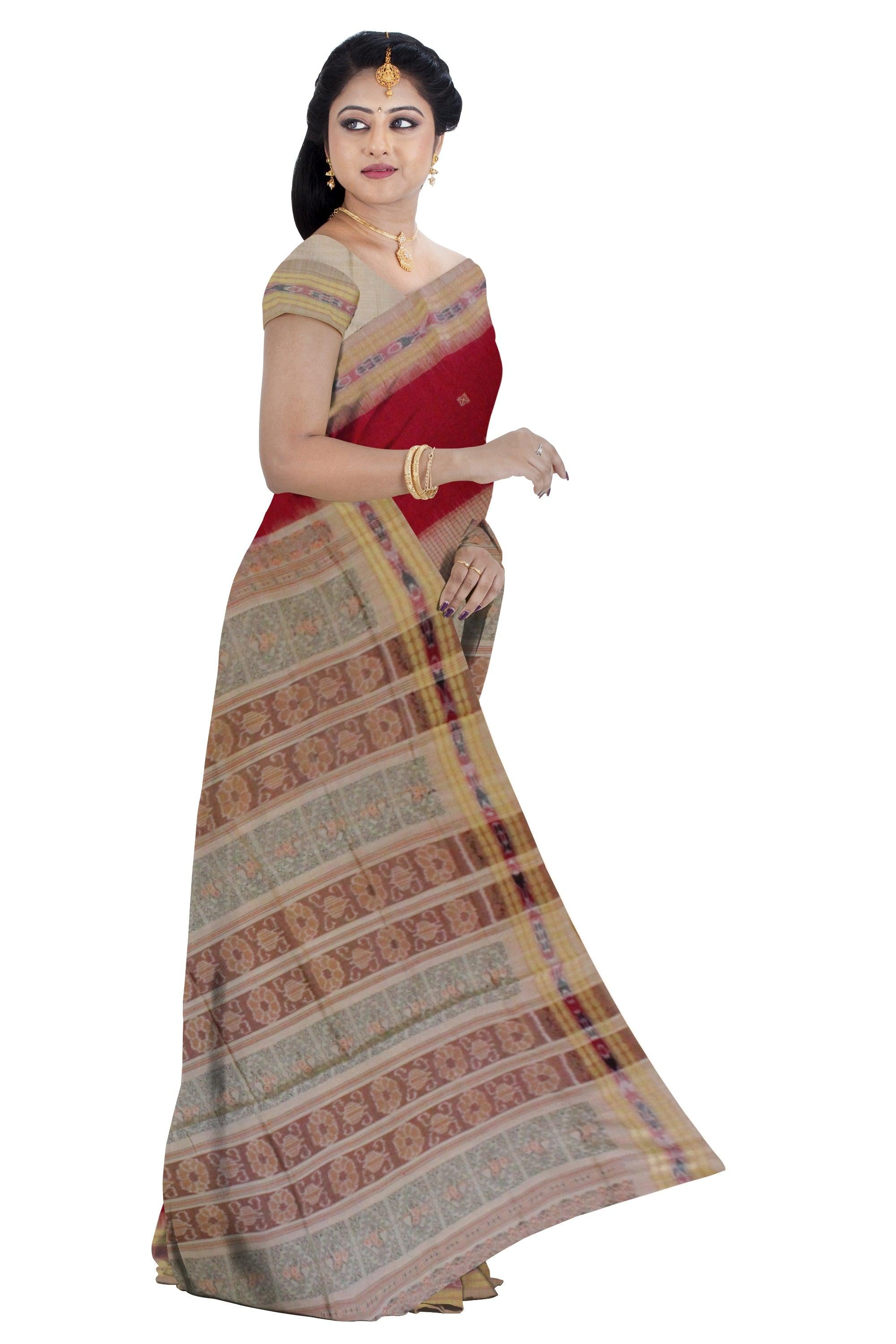 Booty pattern Sambalpuri saree Bomkai Design in Maroon and Cream Colour - Koshali Arts & Crafts Enterprise