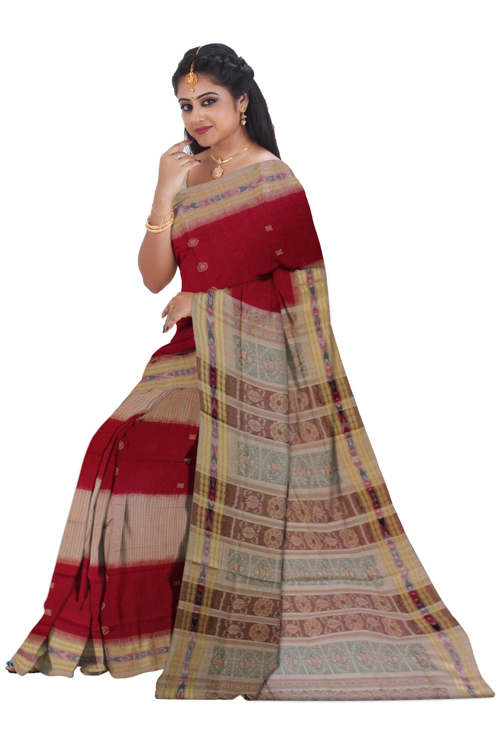 Booty pattern Sambalpuri saree Bomkai Design in Maroon and Cream Colour - Koshali Arts & Crafts Enterprise