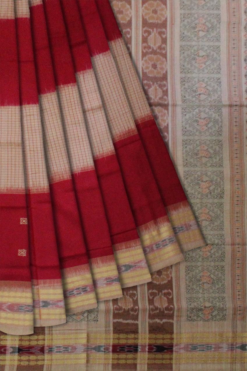 Booty pattern Sambalpuri saree Bomkai Design in Maroon and Cream Colour - Koshali Arts & Crafts Enterprise