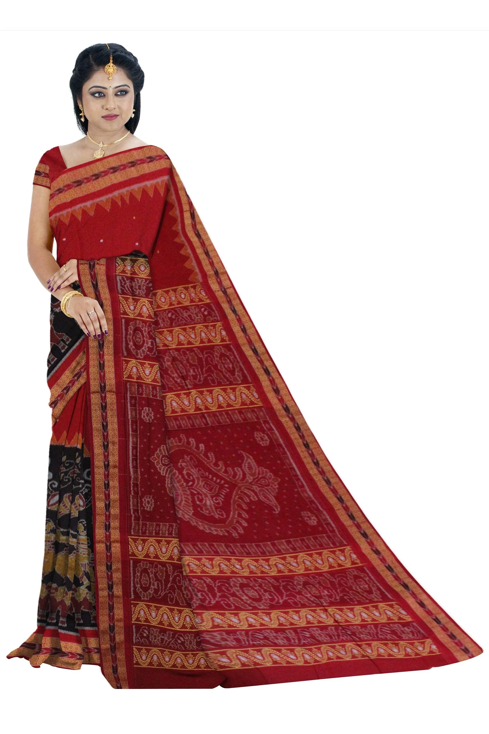 Sambalpuri cotton saree in Maroon and Black Color,with blouse piece. - Koshali Arts & Crafts Enterprise