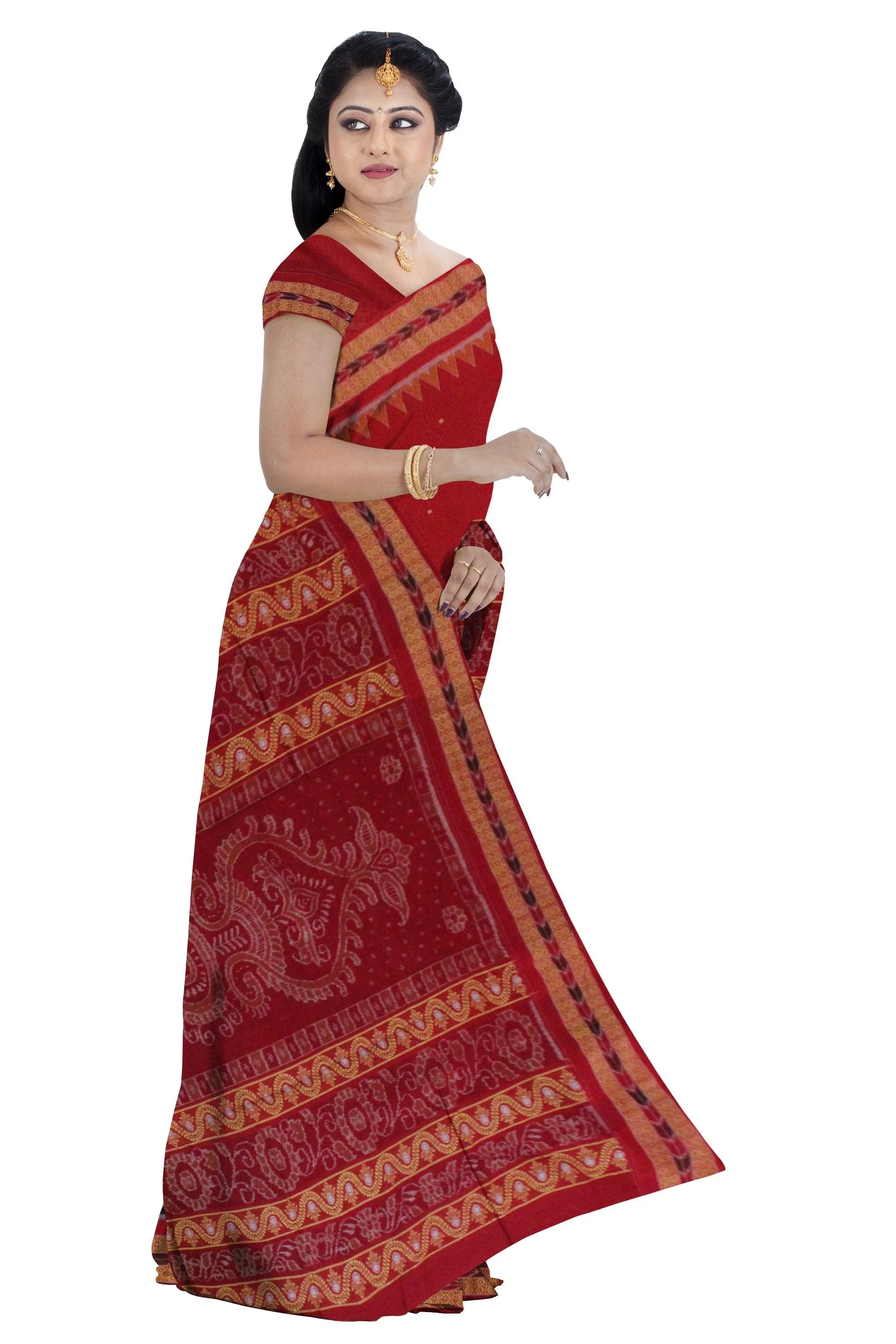 Sambalpuri cotton saree in Maroon and Black Color,with blouse piece. - Koshali Arts & Crafts Enterprise