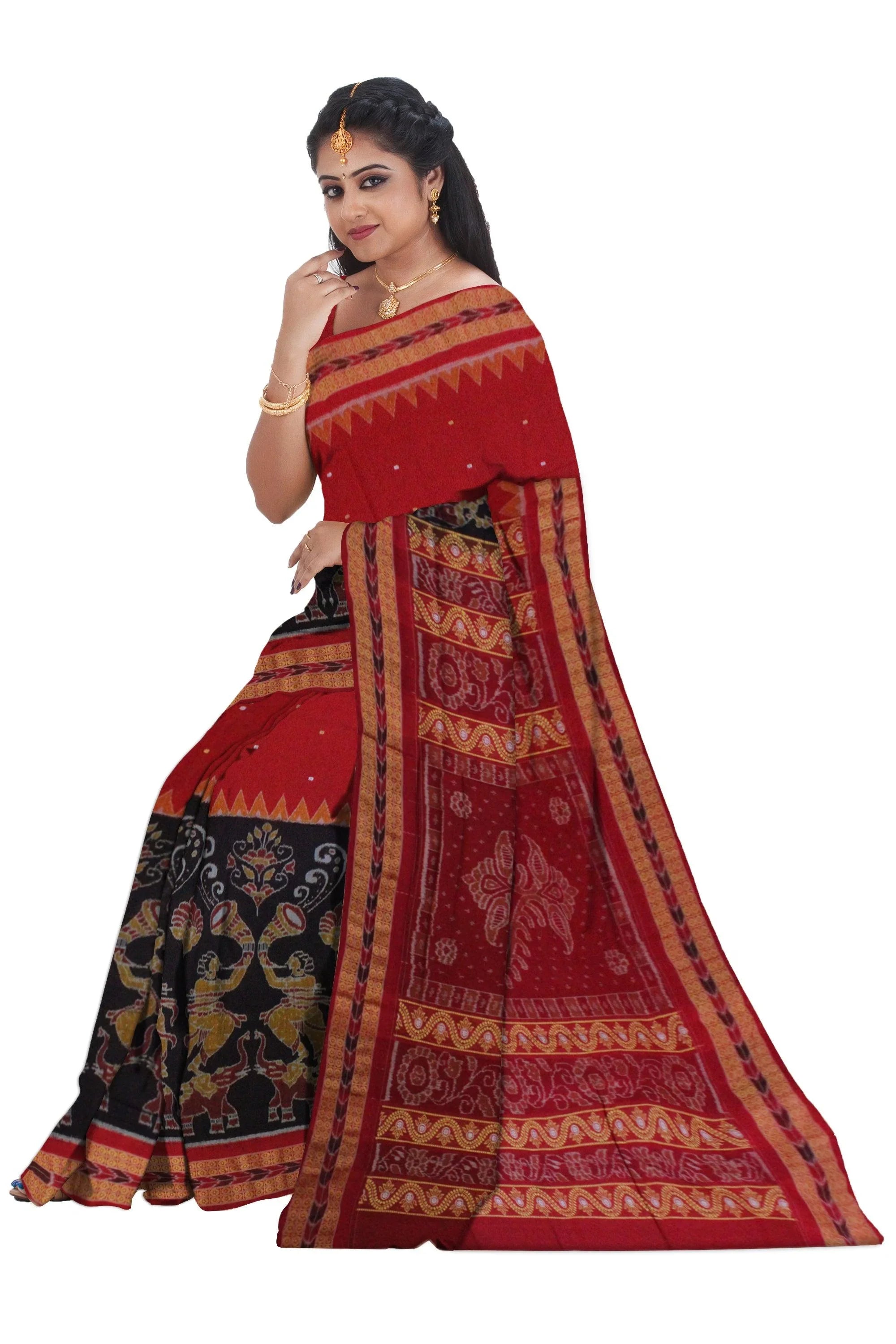 Sambalpuri cotton saree in Maroon and Black Color,with blouse piece. - Koshali Arts & Crafts Enterprise