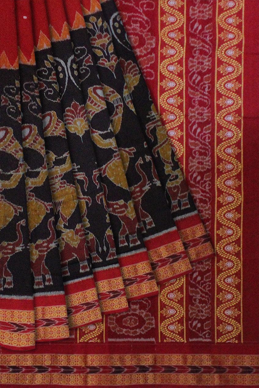 Sambalpuri cotton saree in Maroon and Black Color,with blouse piece. - Koshali Arts & Crafts Enterprise