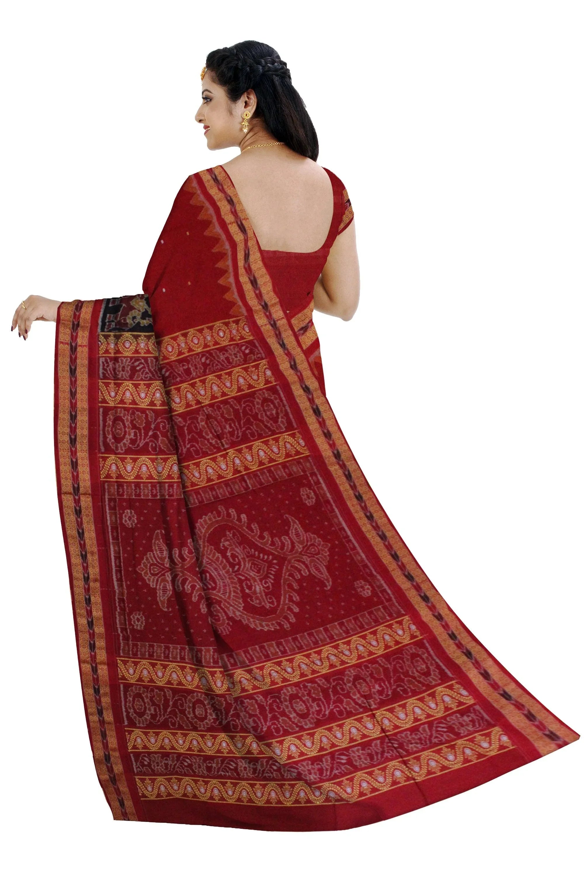 Sambalpuri cotton saree in Maroon and Black Color,with blouse piece. - Koshali Arts & Crafts Enterprise