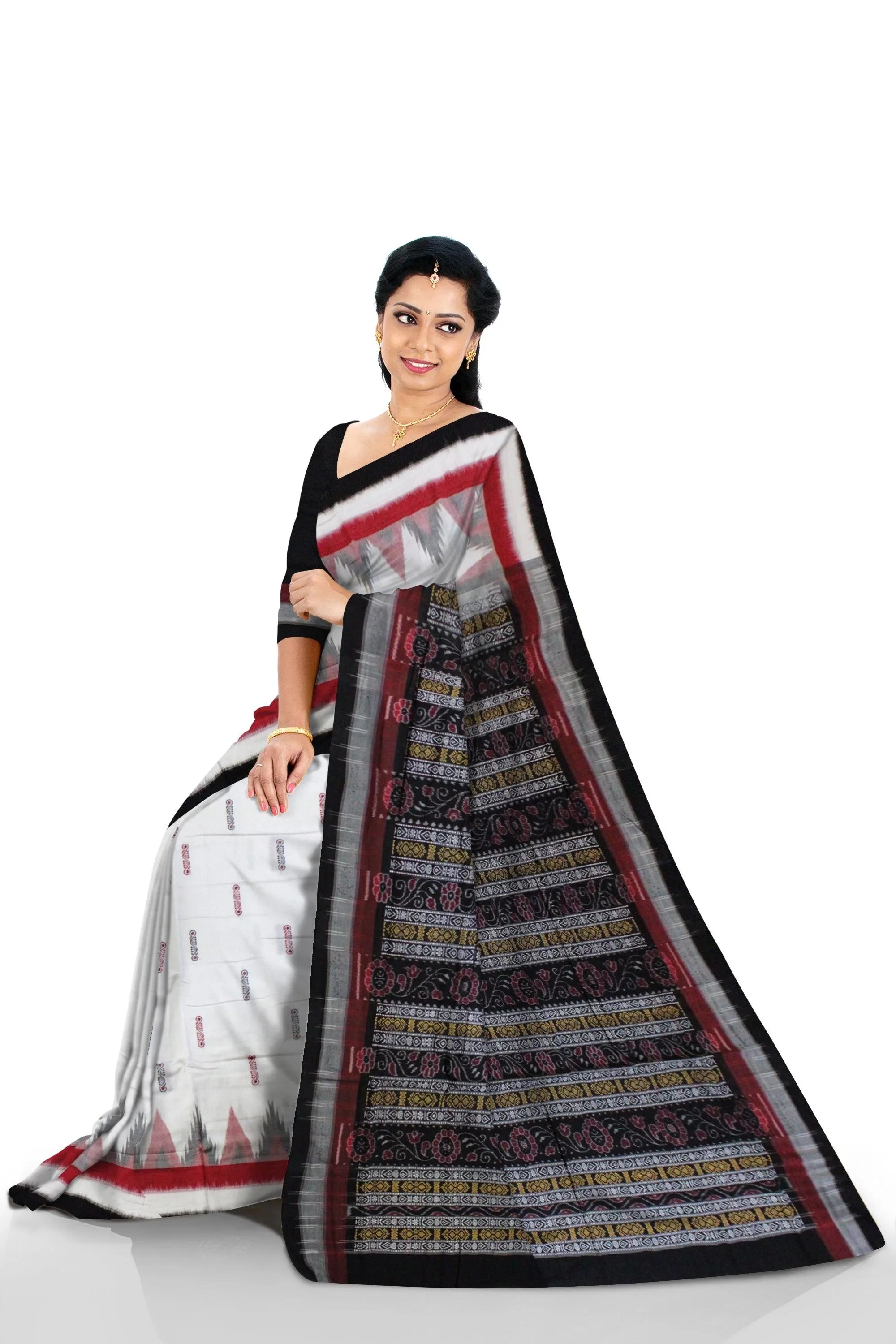Booty pattern Bomkai design Sambalpuri saree in White Colour - Koshali Arts & Crafts Enterprise