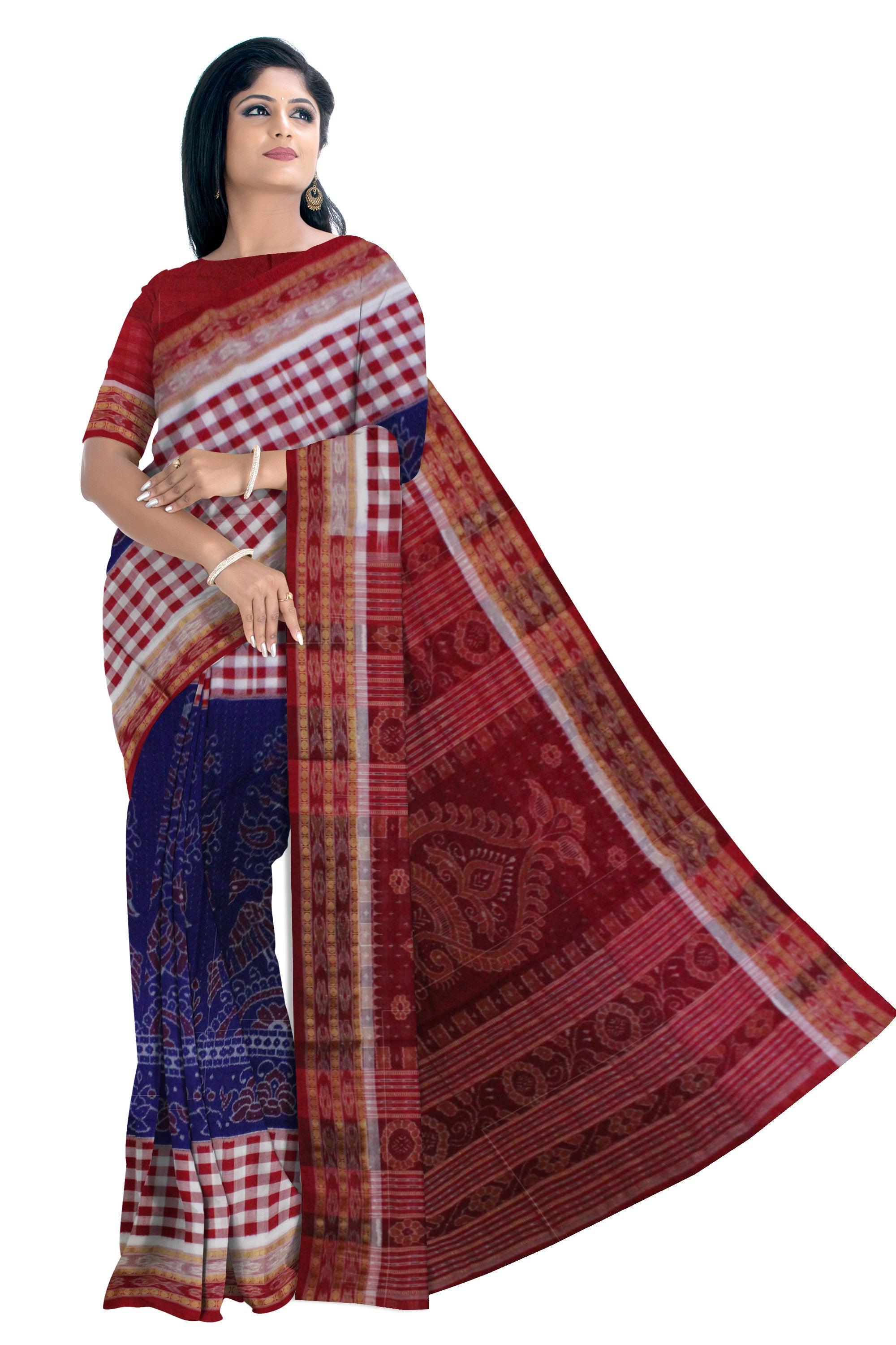 Mayur design Sambalpuri cotton saree in Dark Blue - Koshali Arts & Crafts Enterprise