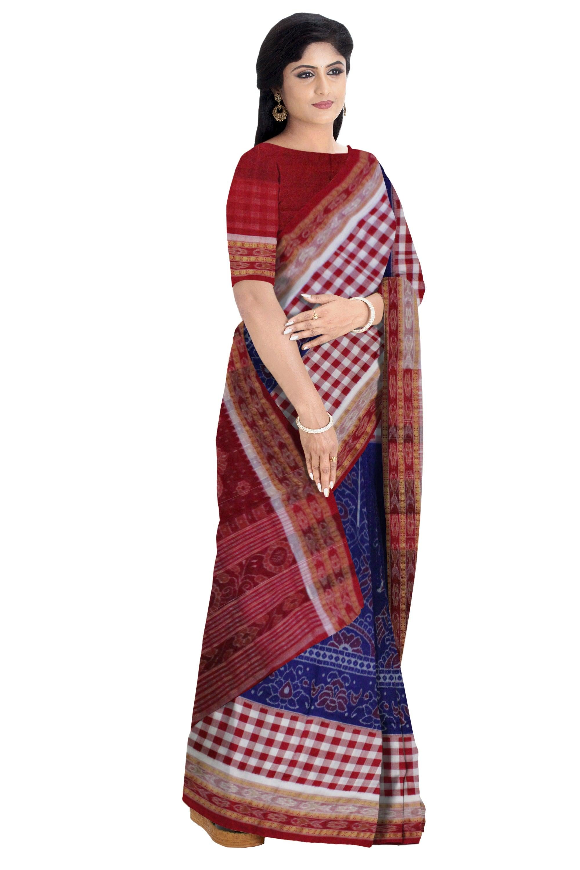Mayur design Sambalpuri cotton saree in Dark Blue - Koshali Arts & Crafts Enterprise