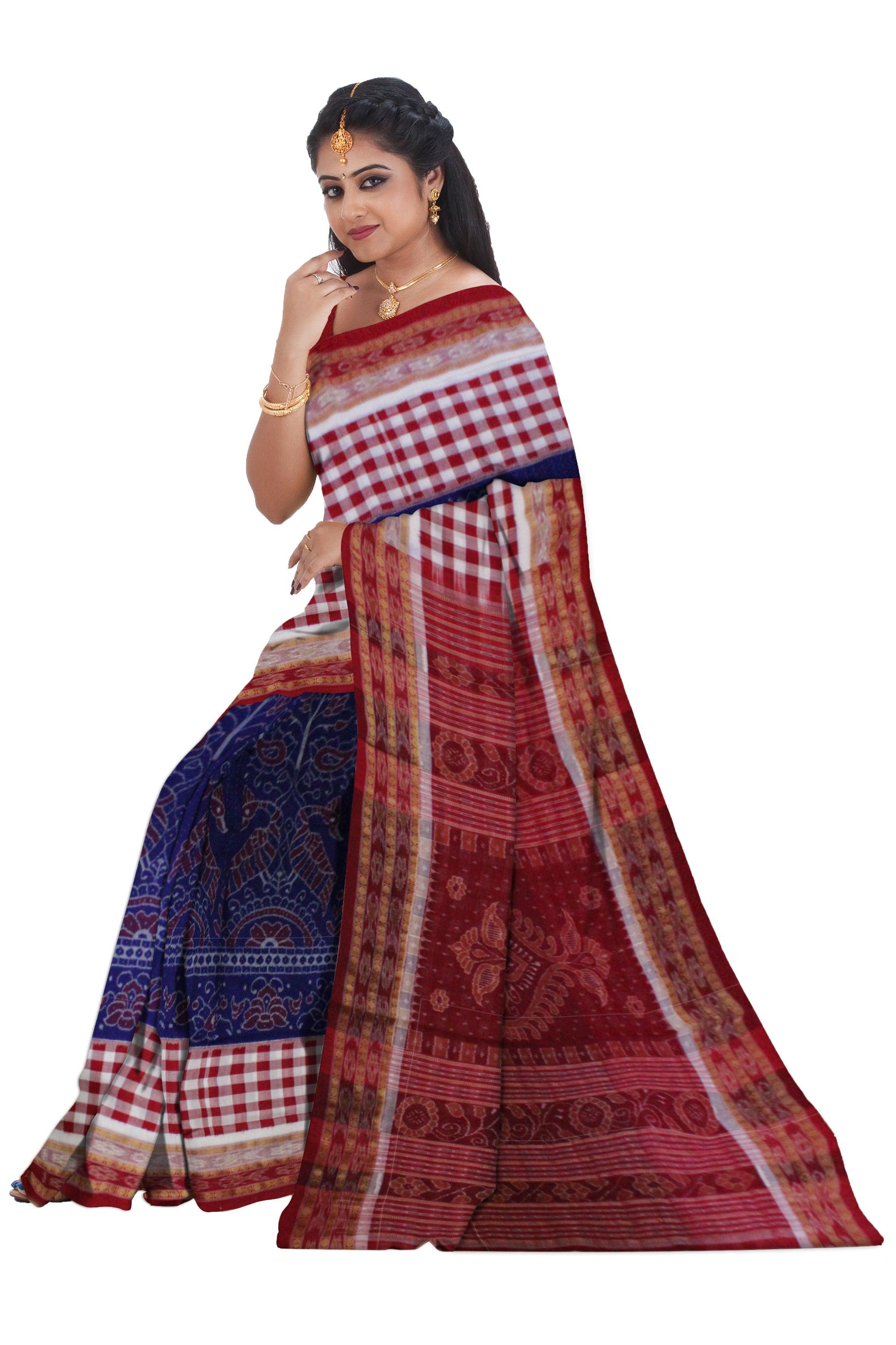 Mayur design Sambalpuri cotton saree in Dark Blue - Koshali Arts & Crafts Enterprise