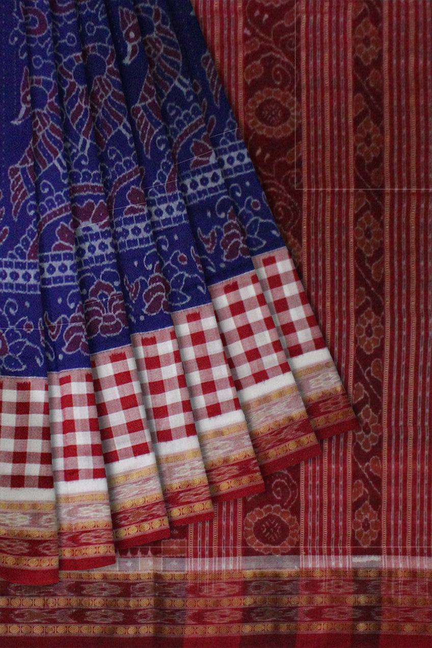 Mayur design Sambalpuri cotton saree in Dark Blue - Koshali Arts & Crafts Enterprise