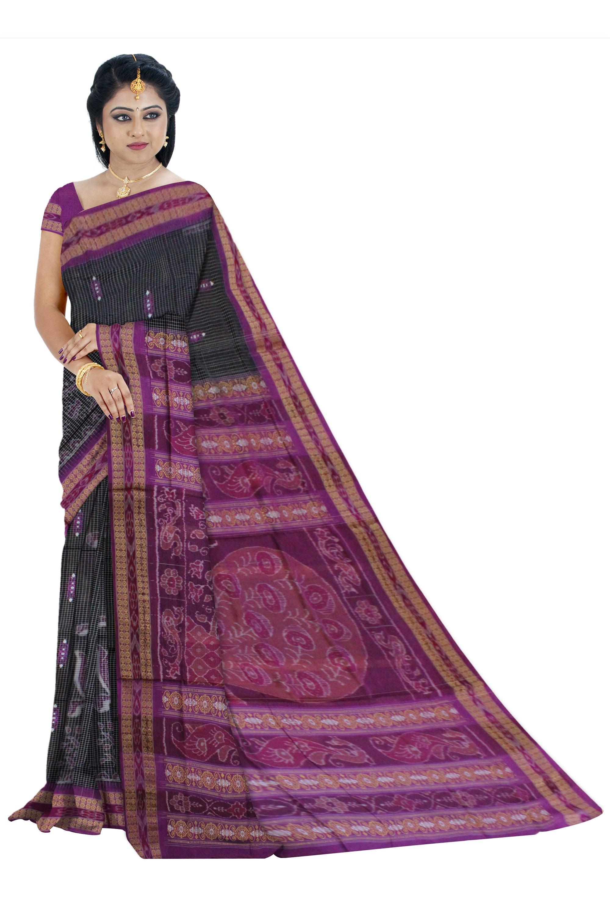 Mayur design Sambalpuri cotton saree in Black - Koshali Arts & Crafts Enterprise