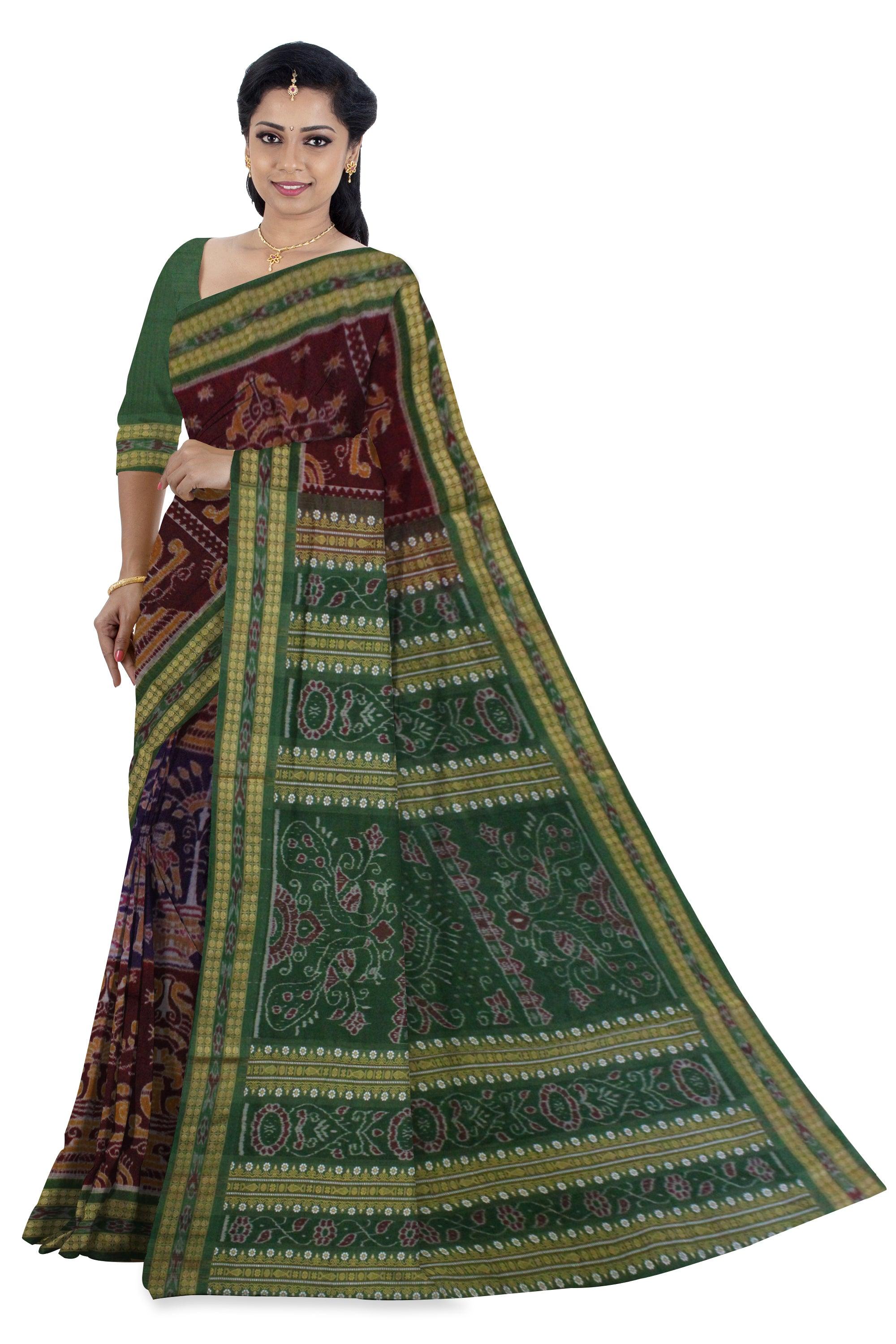 Nartaki design Sambalpuri cotton saree in dark Maroon and Blue color. - Koshali Arts & Crafts Enterprise